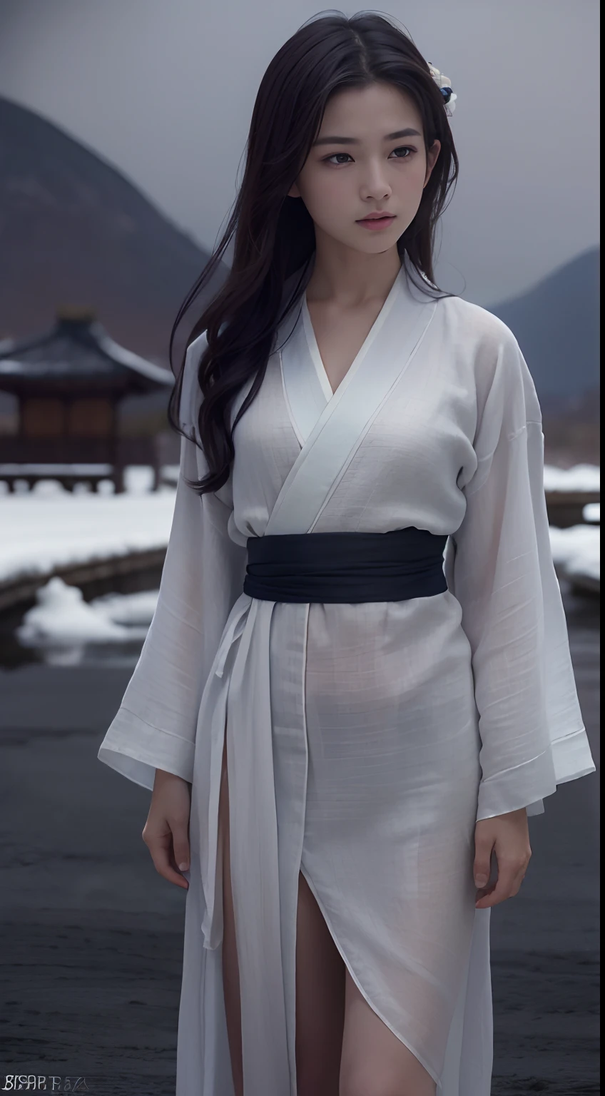 ((Best quality, 8K, Masterpiece :1.3)), Sharp focus:1.2 , Photorealsitic,(Cinematic lighting),Facial detail texture. Eye details. Double eyelids, Slender body. Super small breasts, -yeld gi photo-realistic:1.37,Perfect eyes, ((1 Girl in a close-fitting yukata)),(white sash),(Ultra-thin fabric),((Ragged linen)),With a petite figure,brunette color hair,Long hair draped loosely,Qi bangs,standing in the snow,Full body like,Clothing covers the whole body,folds,((solid color backdrop)),is shy,Be red in the face