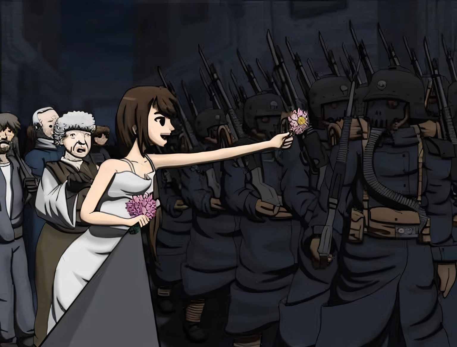 um desenho animado de uma mulher em um vestido de noiva apontando para um grupo de soldados, casamento do apocalipse, anime maid ss militar, por Shingei, Cena tempestuosa e grandiosa de guerra, Captura de tela do filme de anime, estilo de arte de guerra, animation movie still, inspirado em Jozef Czapski, segurando uma arma, invading army background, cena de anime