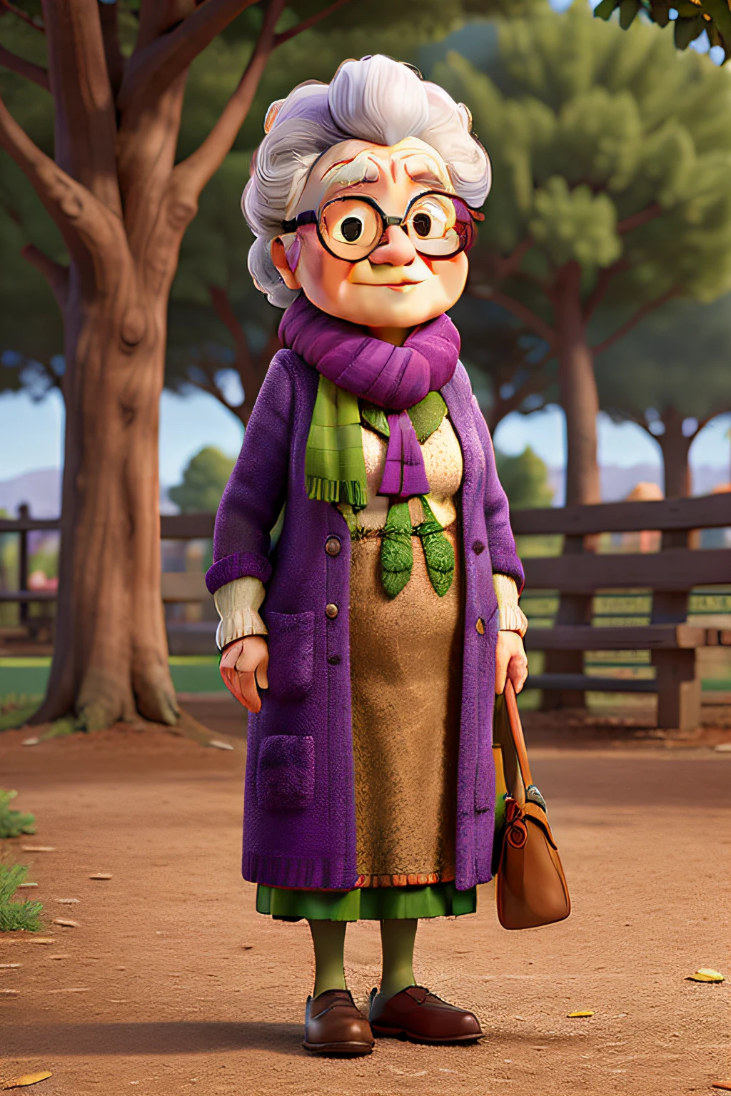 masterpiece, best quality, an old woman with glasses and a scarf on, wearing a purple coat and green scarf, standing at the park