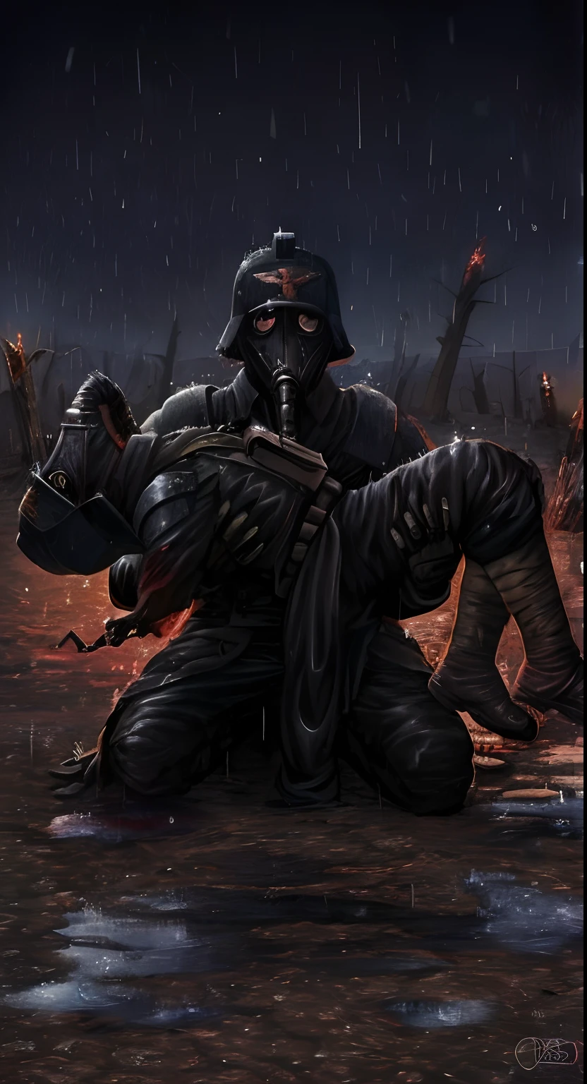 A man in a black suit is kneeling in the rain, ww 1 feiticeiro sith, Helghast, soldier with a gasmask, apocalyptic art, arte do apocalipse!!!!, just art for dark metal music, dark sci-fi art, Stefan Koidl inspirado, militares imperiais, warhammer estilo 40k, arte do apocalipse, Arte de Guerra, arte militar