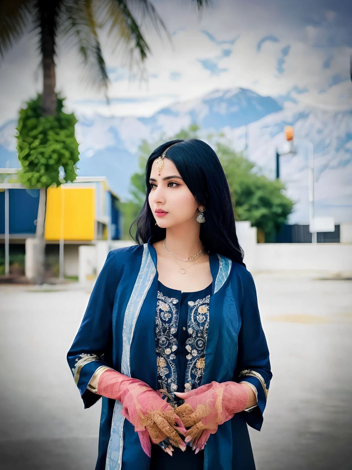 a woman with a blue jacket and a black top standing in a parking lot, profile image, candid picture, * colour splash *, very very low quality picture, photo taken in 2 0 2 0, inspired by Saurabh Jethani, with beautiful colors, wearing a silk kurta, with lovely look, profile picture, !! low contrast!!, very extremely beautiful, traditional beauty