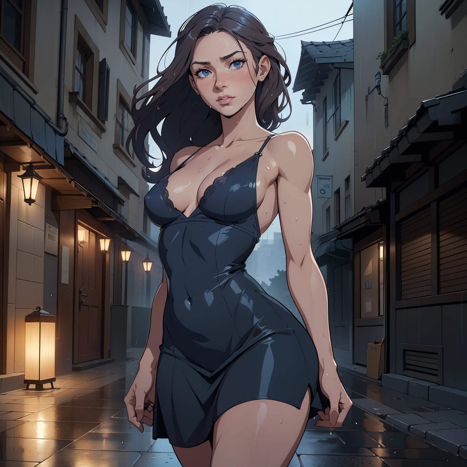 Hyper realistic super detailed sexy woman, Une fille confiante, NSFW, Very detailed, expressions faciales sexy, seductive facial expressions, [:(Face detail: 1.4): 0.4], 16K resolution, 4k resolution, dinamic lighting, High definition resolution, (sexy pose, Position attrayante), (hyper realistic: 1.4), (back light: 1.2), (sun light: 1), (pleine hauteur: 1.8),(contrasting background: 1.5), (Anatomy of the hyperrealistic arm), (Hyperrealistic anatomy of the legs), (peau propre), (lighting cinematic: 1.7), (intime), (Technologie NVIDIA RTX Ray Tracing), (Anatomy of the hyperrealistic arm: 2), (Ventre plat parfait), (image couleur),Analog style masterpiece, a close up portrait of a (sexy:1.2) ((wet)), annoyed looking, chestnut colored hair, 40 yo, teacher, wearing a wet (dark blue) dress with white geometric accent, braless, ((milf)), blue eyes, (((wet hair))), standing on a rainy street, alleyway, natural breasts, ((small breasts)), cleavage, sexy smirk, getting wet, sweaty, embarrassed, (nose freckles:.8), hotel in the background, slate atmosphere, foggy, cinematic, dimmed colors, dark shot, blue grey colors, muted colors, film grain, fil noir style, insane details, intricate details, skin imperfections, sagbobz