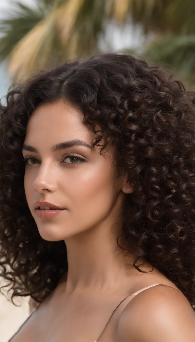 A beautiful and amazing black Brazilian woman,Portrait du haut du corps,Boucles gratuites, black curly hair, (dark curly and short hair), Long curly long wild black hair, cheveux multiversaux, Brazilian, Short, curly black hair, black curly hair, Boucles, wavy hair spread out, Boucles baroques, boucles, Curly, curly hair, Texture des cheveux, Curly bang, Dans un club de plage italien