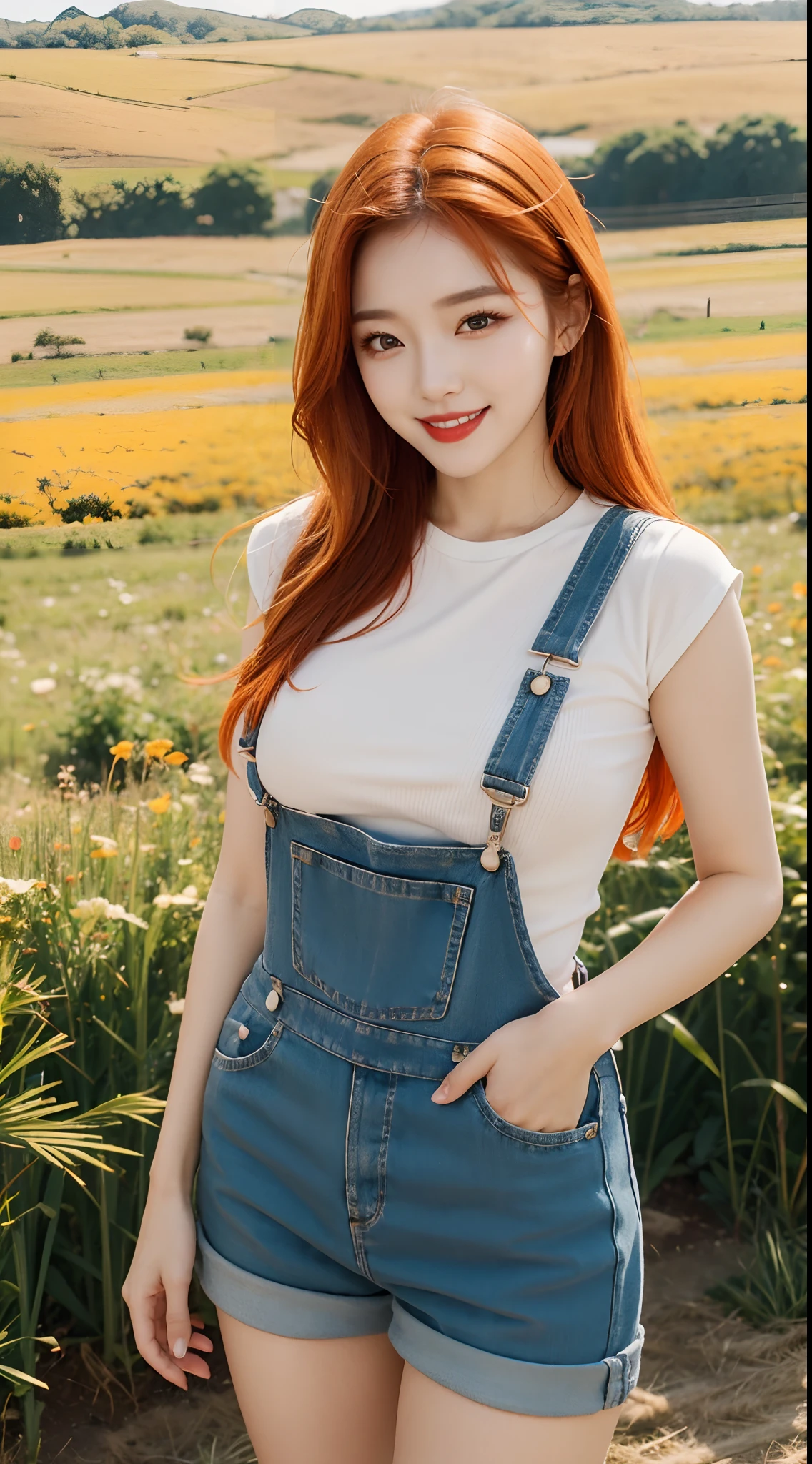 best quality, 4k, 8k, Detailed faces, beauty girl, Korean makeup, Red lips, laugh, perfect body, orange hair, big breasts, thigh, Girl in overalls, girls and cattle, field,