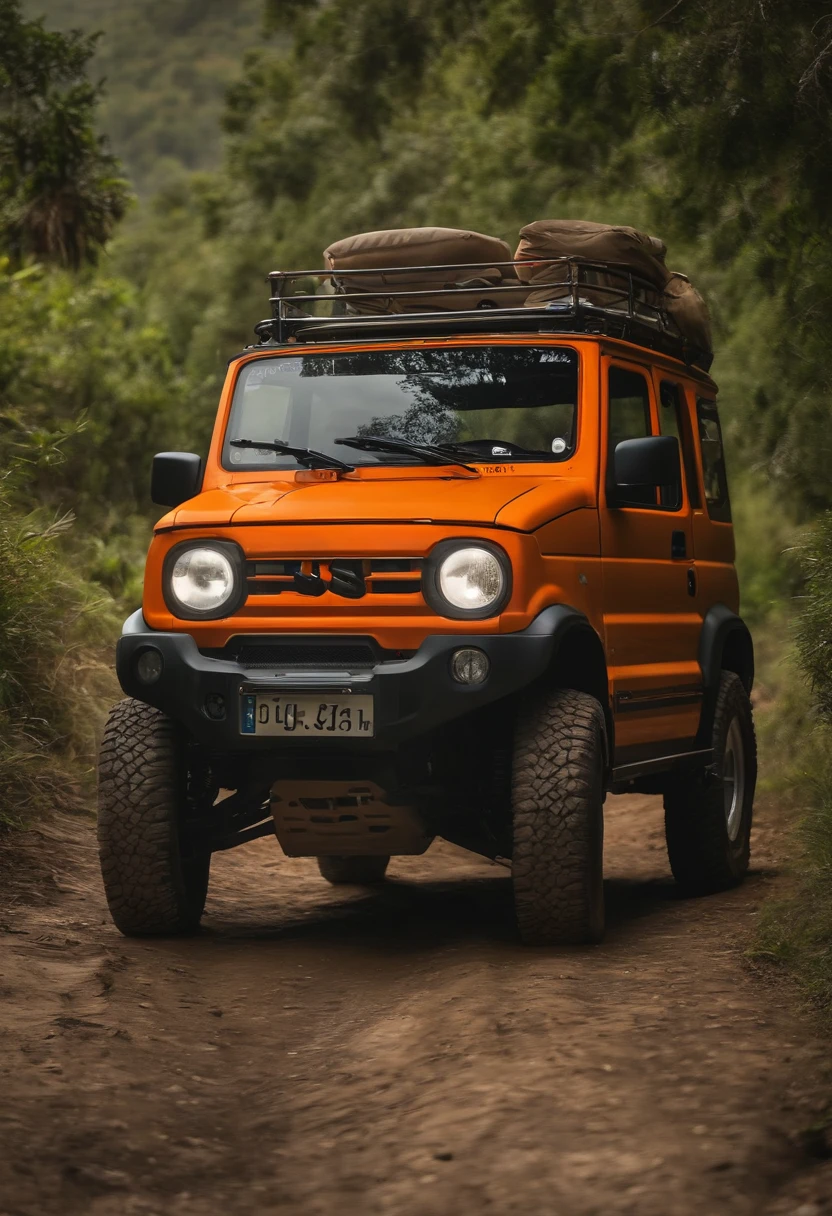 Suzuki jimny em laranja com curvas arredondadas, Imagem 4k, using luggage rack for shipping, usando pneus de lama, nas imagens de fundo de uma montanha, lama, motorista feliz, driver is wearing cap and sunglasses, passageira feminina com longos cabelos loiros, Suzuki jimny jb43, estilo desenho, carro todo na cor laranja, with a man in a cap and beard and a happy blonde woman in the car, carro passando em cima de uma pedra, estilo modo explorador, sujo de lama, carro tem um snorkel, carro com o pneu em cima da pedra