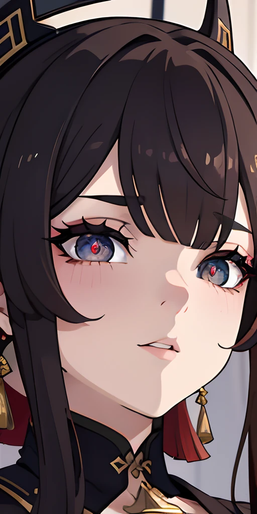 face, closeup, closeup shot, shiny hair, shiny clothes, shiny, extremely detailed eyes, extreme details, realistic, cinematic, detailed, masterpiece, 4k, 8k, , PunkAI,, FantasyAI_Burple,, indoors, hu tao (genshin impact), genshin impact, hat, symbol-shaped pupils, red eyes, brown hair, star-shaped pupils, flower-shaped pupils, bangs, black nails, black headwear