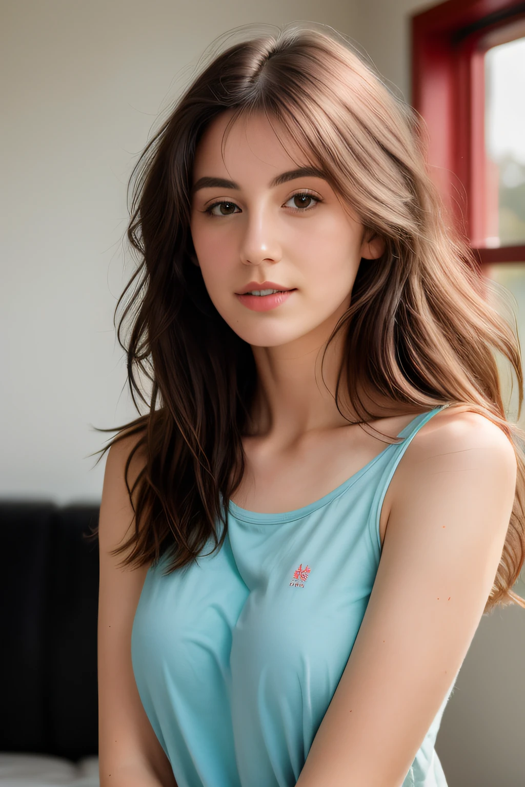 RAW photo, 24 year old Welsh woman, casual clothes, messy hair, slim build, at home, shallow depth of field, (high detail skin: 1.2), 8k uhd, DSLR, soft light, high quality, film grain, 20mp, Fuji XT3 , 80mm, Hasselblad