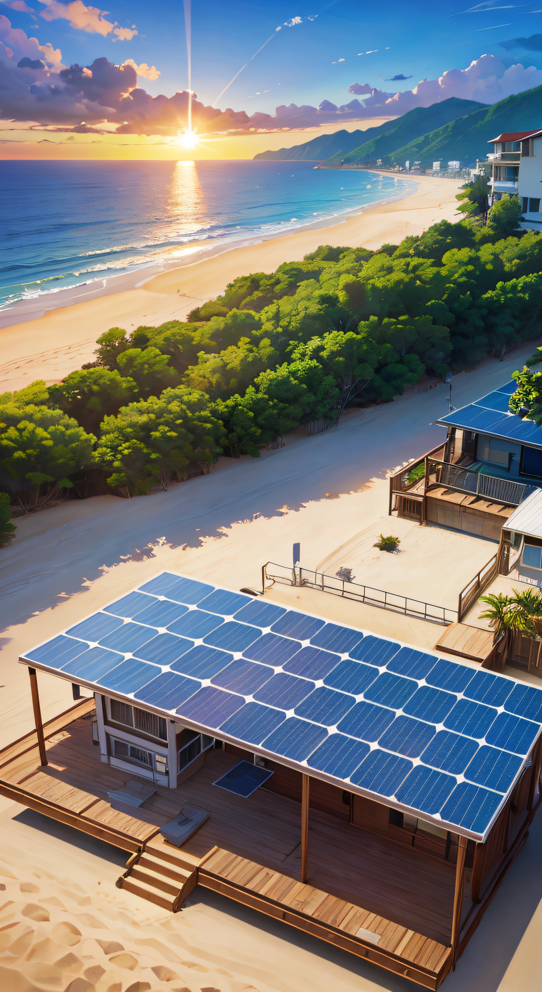 beach house with solar panels, sun sunset, entardecer, cachorro pulando para pegar um frisby, Arte Digital, isometric