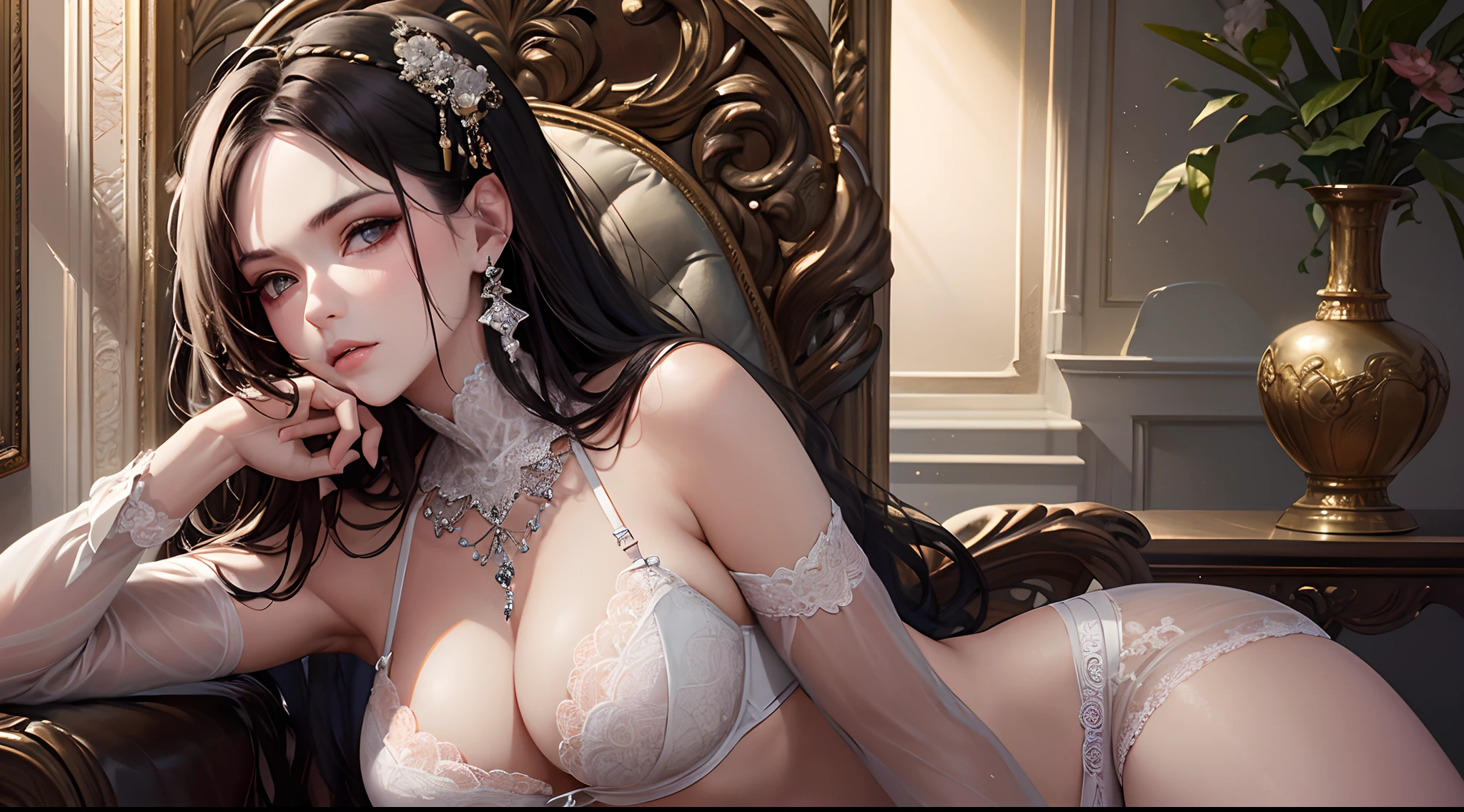 (Finest quality)),(超A high resolution),(ultra-detailliert),(Meticulous portrayal),((best pictures)),(Finest works of art),Ultra-Precision Art,The art of astounding depiction, Fashion art:1.5, fashion modell,Luxury Sexy Lingerie,gazing into distance