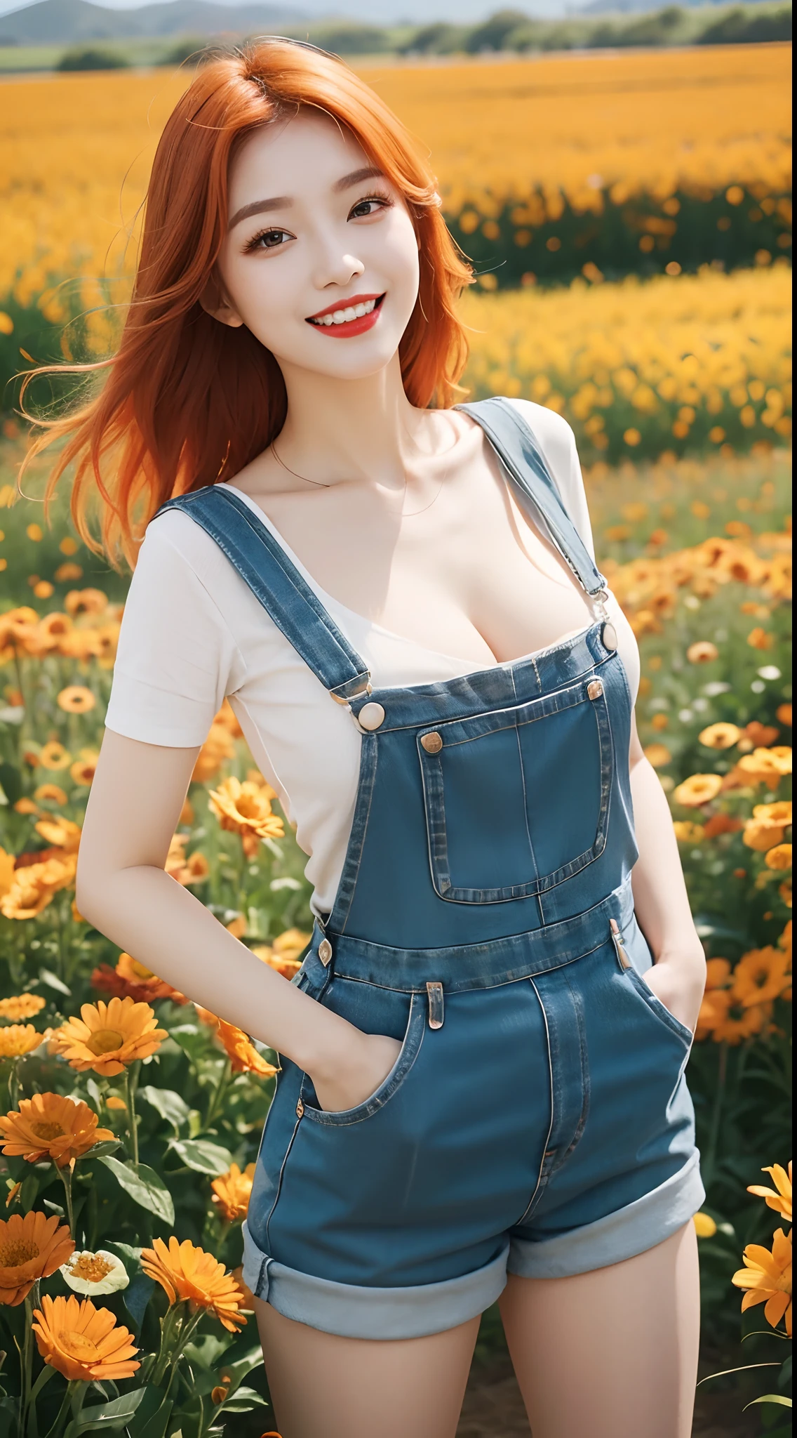 best quality, 4k, 8k, Detailed faces, beauty girl, Korean makeup, Red lips, laugh, perfect body, orange hair, big breasts, thigh, Girl in overalls, girls and cattle, Flower field,