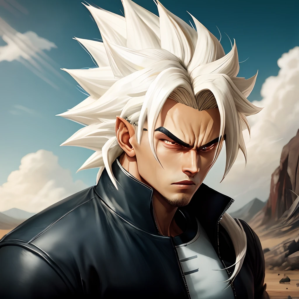 Cabelo longo preto, olhos azuis, super saiyajin
