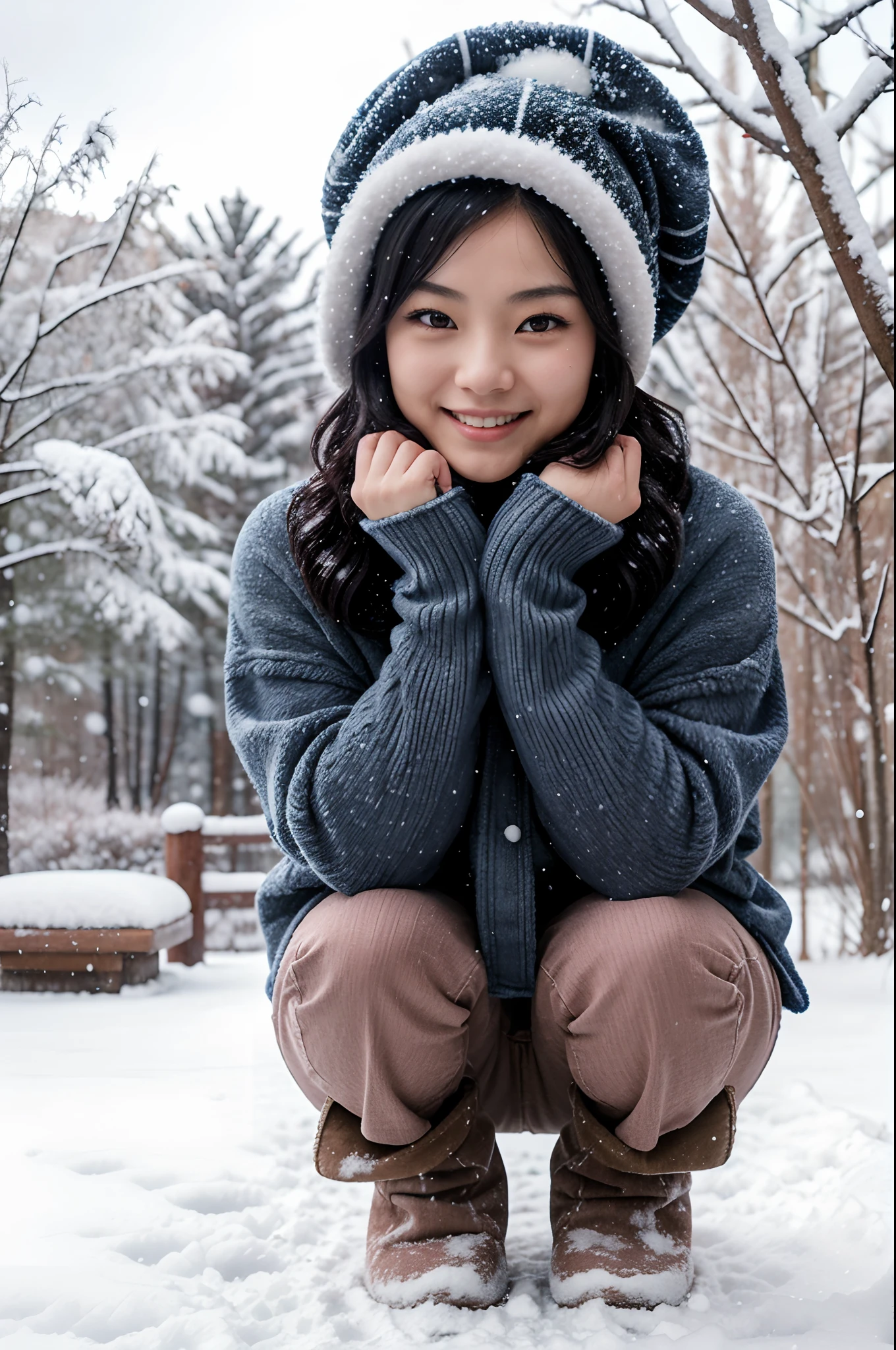 masterpiece, japanese woman, bonnet, mittens, short wavy black hair, blush, snow, winter, from below, trees, dark night, sky, aurora, thick fluffy winter clothes, jeans furry poncho, big smile, squatting with knees and feet pointed inward, hands on chin and elbows on knees, cute, falling snow, winter boots, excited