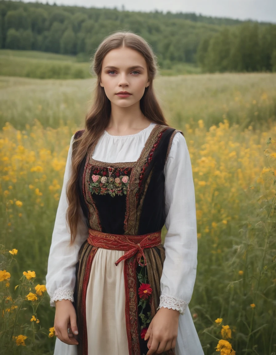 beautiful Slavic girl in a traditional folk costume in a meadow full of flowers in the background of the forest and the countryside