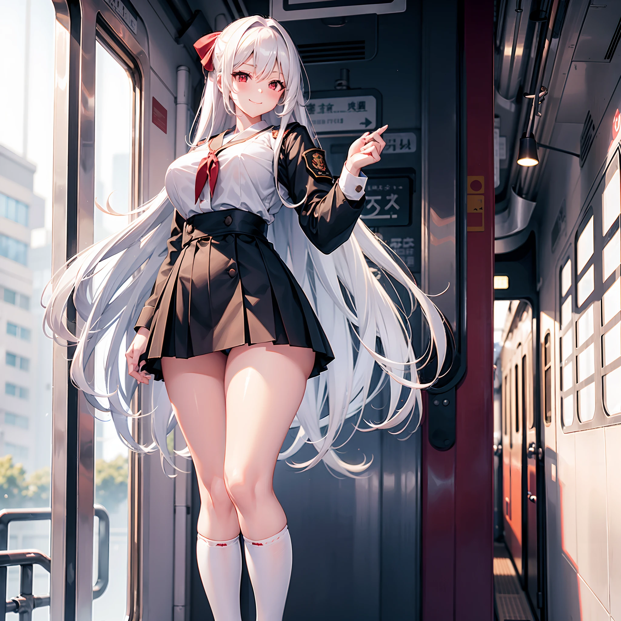 Girl standing in a train, 5 ft height, absurdly long hair, pure white hair, pretty face, absurdly gigantic breasts, huge ass, huge thighs, Japanese, Japanese high school uniform, shirt too tight around chest area, skirt short, black thigh high socks, smiling innocently, red eyes, showing off panties, 1 girl