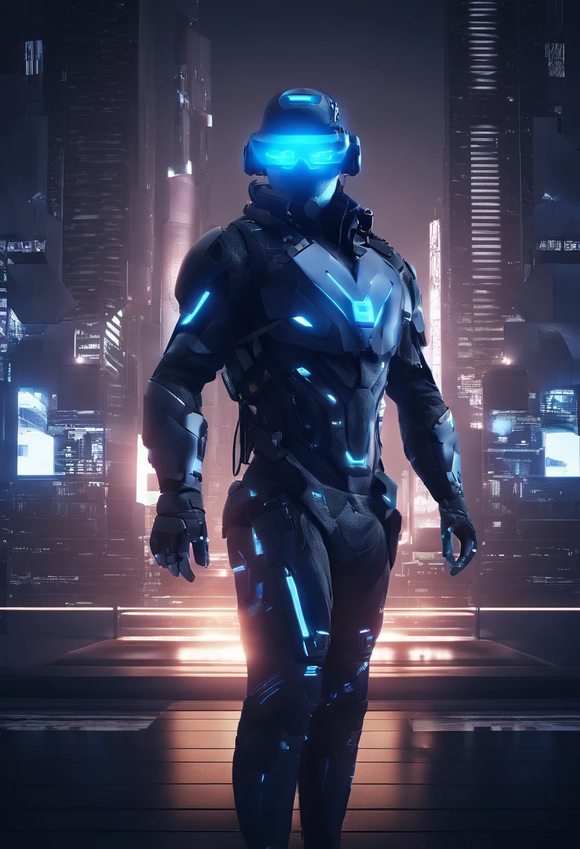 plano de corpo inteiro, A futuristic look ((ciborgue cromado azul)) man with a fantastic ((square cyberhelmet head with blue lights)), usando um par de ((Tactical Gloves Iron Grey)), Vestido com um ((jaqueta techwear azul)), Standing, facing the audience, foco facial, sunlight, UHD, anatomicamente correto, best quality, master part, Reelmech