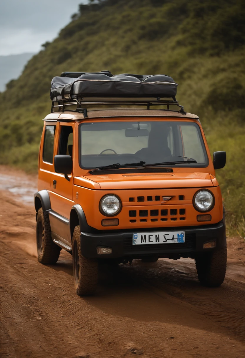 Man with little hair wearing cap and sunglasses driving an orange Suzuki Jimny with rounded corners, The car has a luggage compartment with suitcases and shipping racks, usando pneu lameiro com pegada agressiva, ao fundo uma bela paisagem, Inside the car a beautiful blonde woman looks at a map to know which direction to go, The car is passing on top of a rock and this is all dirty with mud, carro tem snorkel, imagem ultra realista em 4k