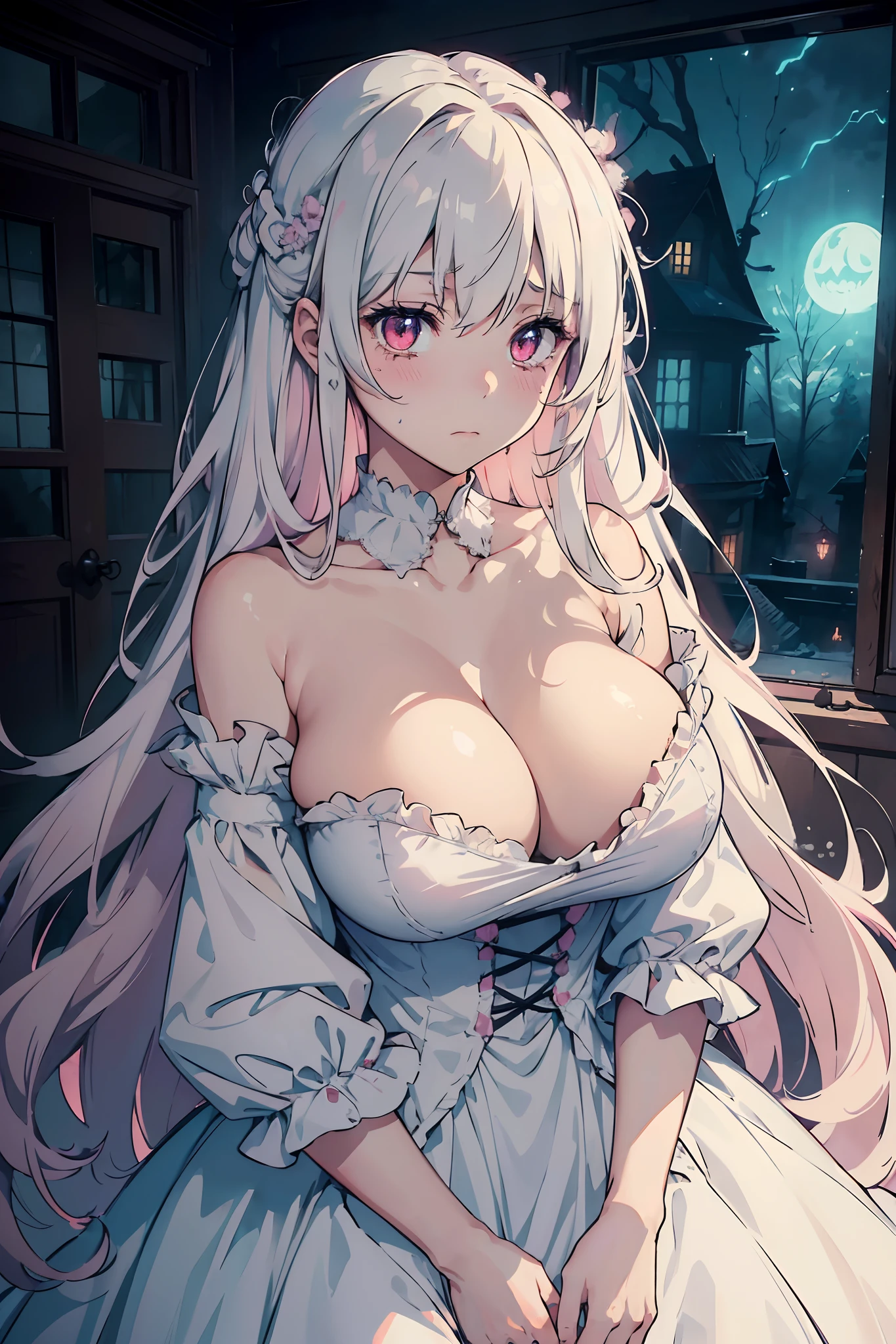 (masterpiece, high quality, detailed), 1girl, ghost girl, big fluffy long white hair, disheveled hair, pink eyes, nervous, blushing, crying, simple white gown, tattered clothes, huge breasts, cleavage, provocative, abandoned house, haunted house, night time, blue lighting, (spooky, gloomy), streaks of moonlight