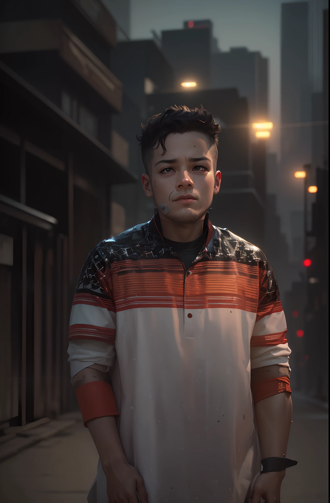realistic face, boy 5 years old, focus play ball, looking to ball, no hair, night scene, background cyberpunk,