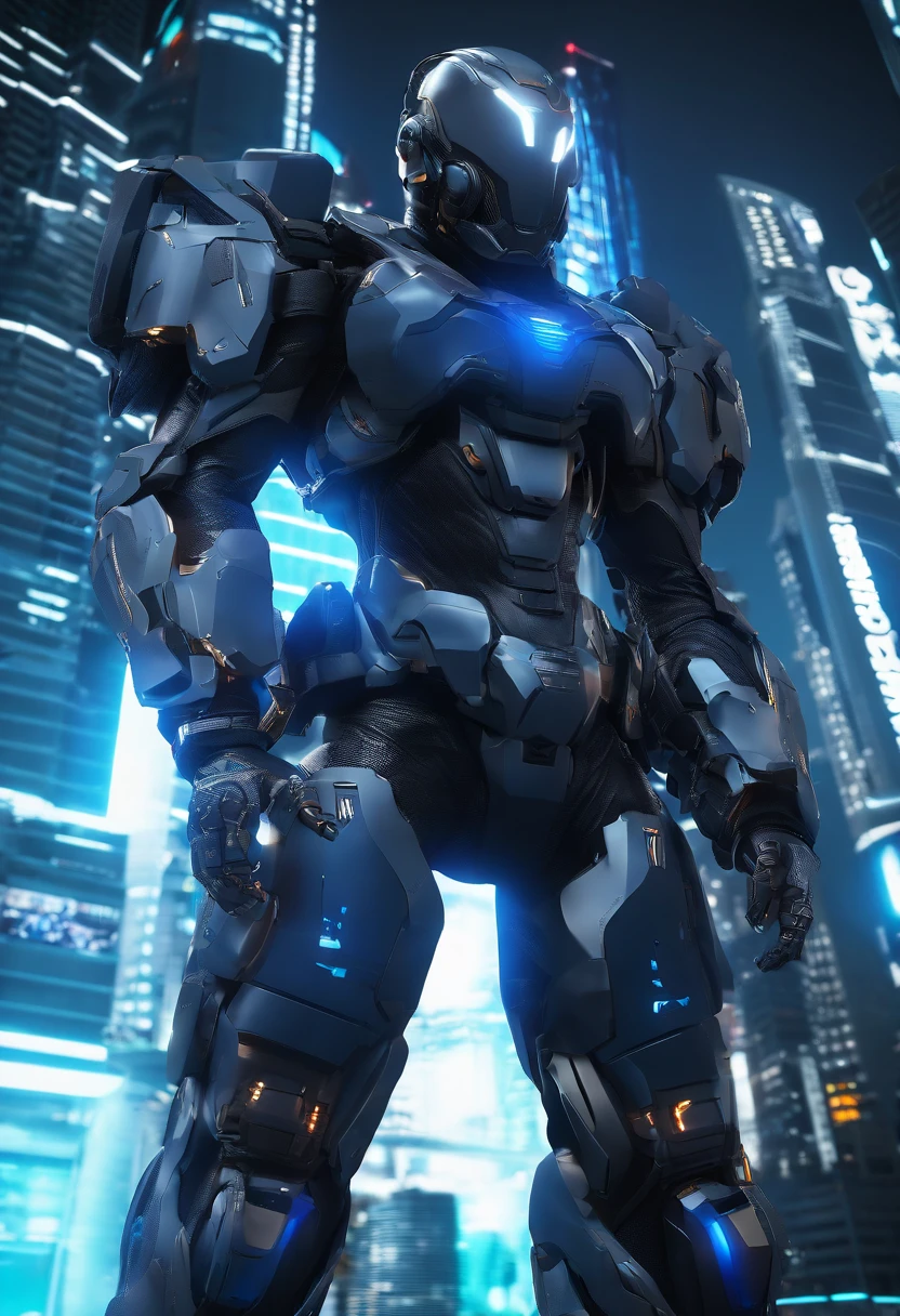 plano de corpo inteiro, a TOKUSATSU appearance ((ciborgue cromado azul)) man with a fantastic ((square cyberhelmet head with blue lights)), usando um par de ((tactical gloves, Ferro Cinza)), Vestido com um ((jaqueta techwear azul)), Standing, facing the audience, foco facial, sunlight, UHD, anatomicamente correto, best quality, master part, Reelmech