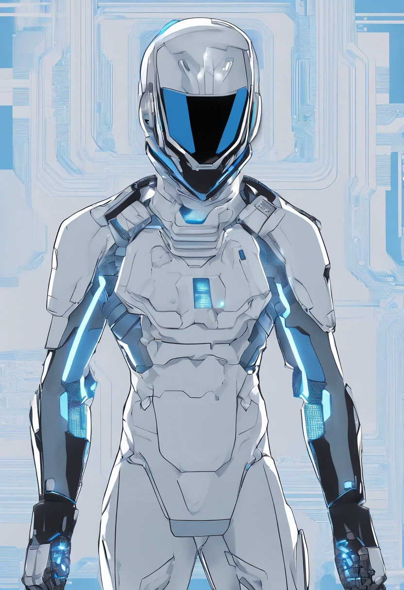 plano de corpo inteiro, a TOKUSATSU appearance ((ciborgue cromado azul)) man with a fantastic ((square cyberhelmet head with blue lights)), usando um par de ((tactical gloves, Ferro Cinza)), Vestido com um ((jaqueta techwear azul)), Standing, facing the audience, foco facial, sunlight, UHD, anatomicamente correto, best quality, master part, Reelmech