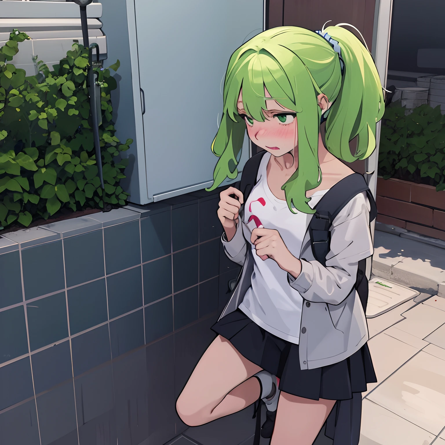 1 girl is taking to lavatory, looking away, standing, Green eyes, embarrassed, blush, Keep one's mouth shut, street (girl is peeing self:0.4)