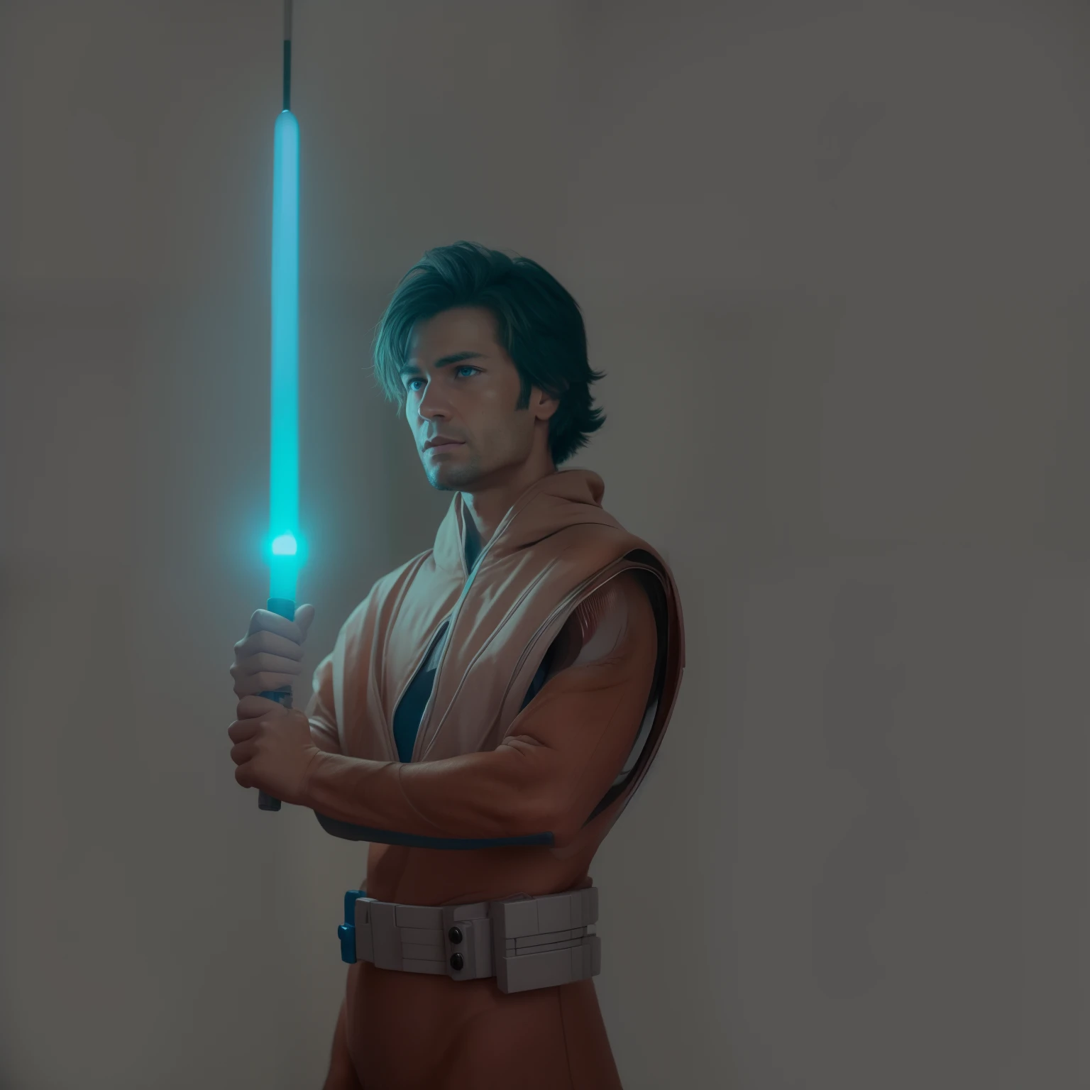 Crie um homem, Personagem de Star Wars, Segure seu sabre de luz na frente do rosto, 30 anos，Peso 70 lbs，Pele escura，Vestindo um manto de cor clara, Use brincos pretos, Cacheado e muito curto, The sides are slightly shaved, olhos castanhos, Olhos misteriosos, Anatomia detalhada, fotografia, Realistic, cinemactic, Glamour, on an alien planet