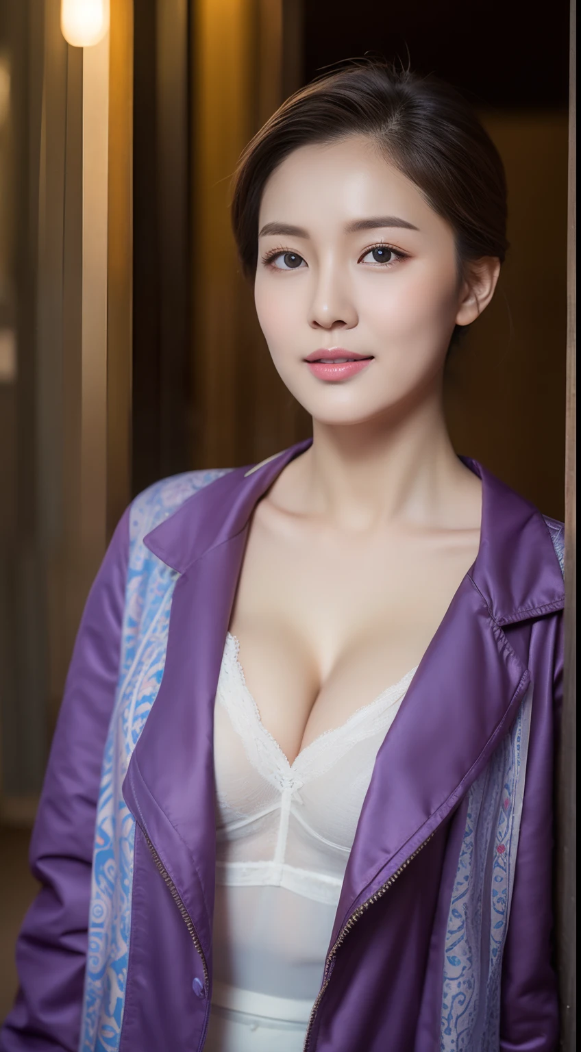 photograph of-realistic (1 Royal Sister Korean star) hair slicked back, White skin, thin makeup, 32 inch breast size, A slight smil, Wear a purple patterned camisole jacket, Stand in front of the hut, Full body portrait, hyper HD，Cocked buttocks，stocklings