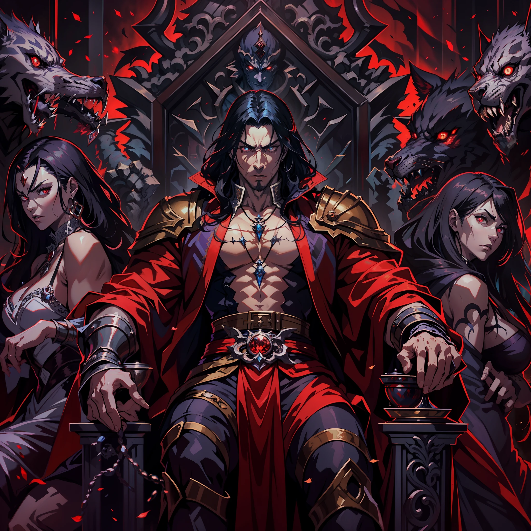 Castlevania Lord of shadows muscular beautiful red eyes bright eyes crystal hyper realistic super detailed scary Lord Dracula sitting on his big throne with his legendary Moroccan princesses next to him Read large scrolls with a red expression of anger bright eyes hyper realistic face portrait super detailed Dynamic shot centerpiece movie Epic Legendary hokuto no ken movie style 3 Points perspective view