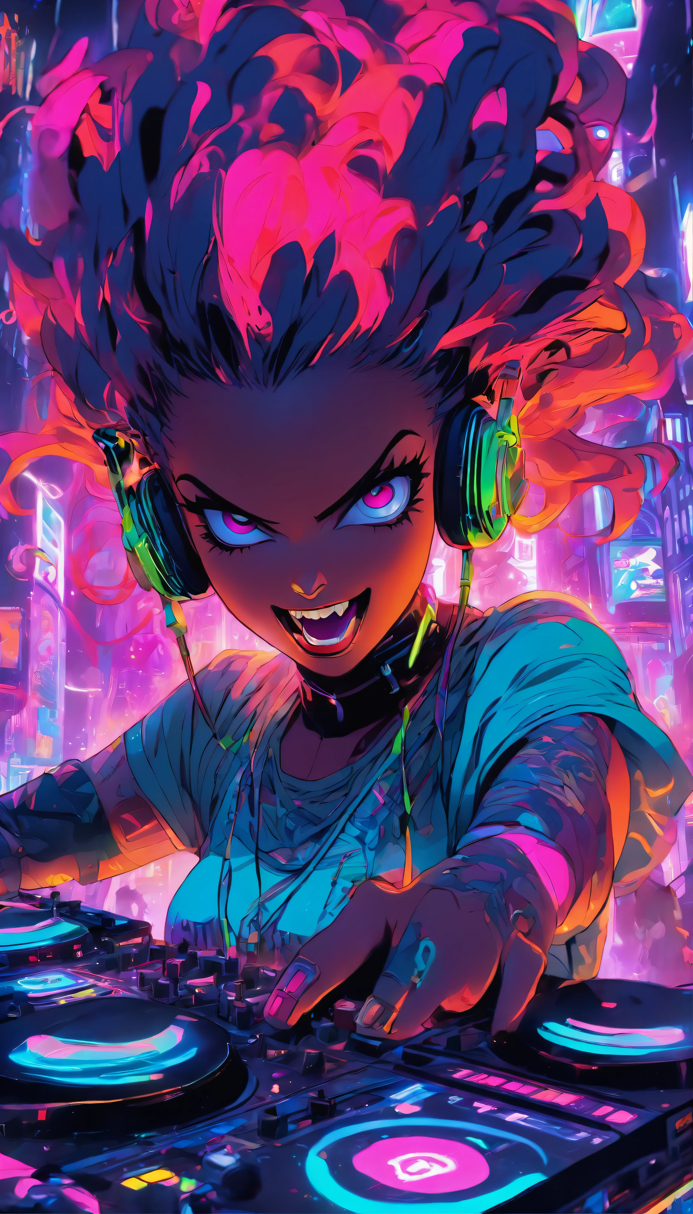 Colorful, hyper-realistic , cyberpunk, Psychedelic vampire female DJ plays dj instruments very crazy, looks intense, unlimited energy, full of passion, expression is so extraordinary, wearing vampire clothes integrated with modern cyberpunk dj costumes, complete with headphones and mic, tattooed cleavage, tattooed arms. DJ musical instruments are so sophisticated, neon cables everywhere, colorful neon cables add a futuristic impression that is so strong, psychedelic, neon wires, colorful, energy, sweat, crowd, epic futurism, crazy, explosive, high_res, very detailed