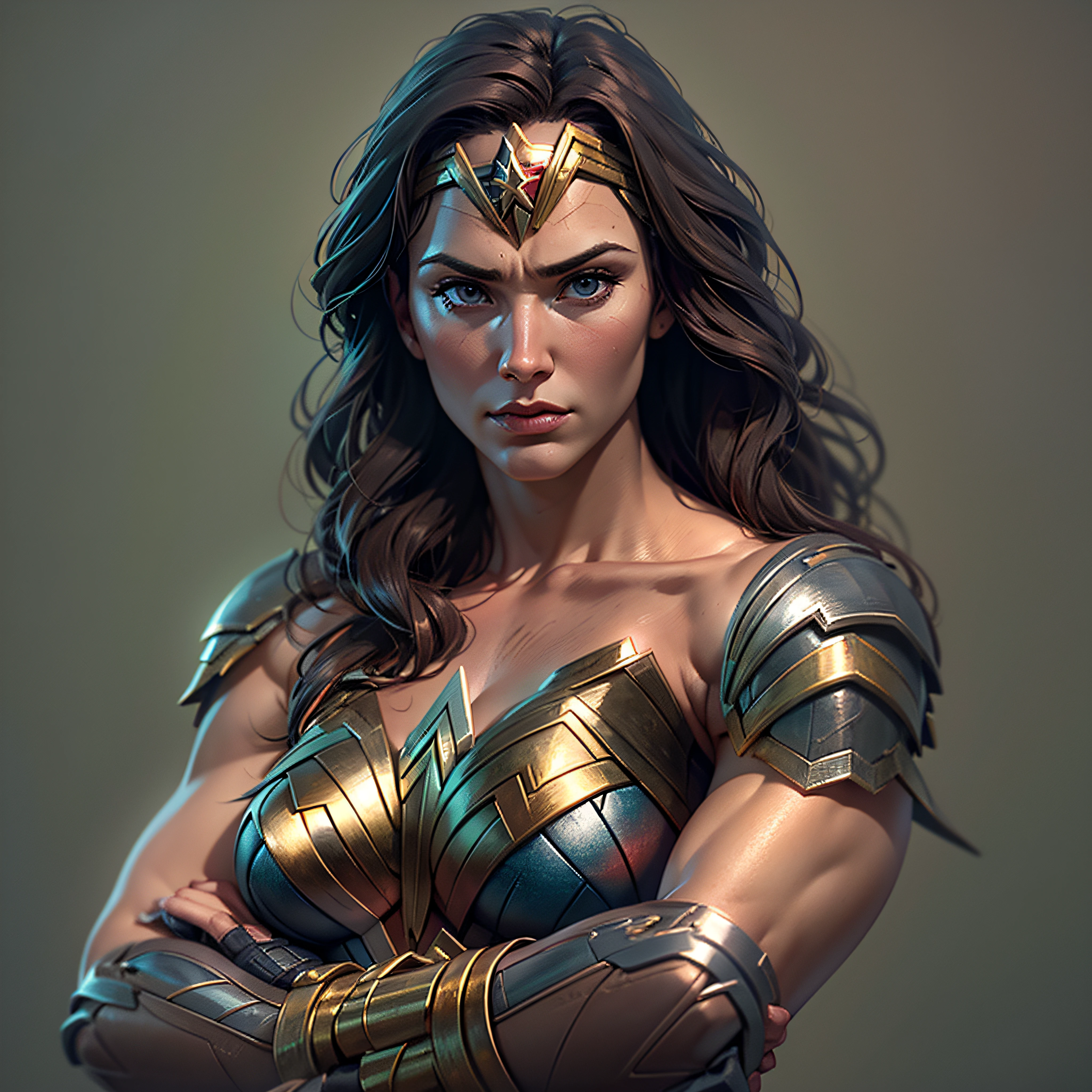 Wonder Woman, muscular athletic body. Arms crossed in front of her. Bullets ricocheting off her bracelets. photo-realistic, octane render, unreal engine, ultra-realistic