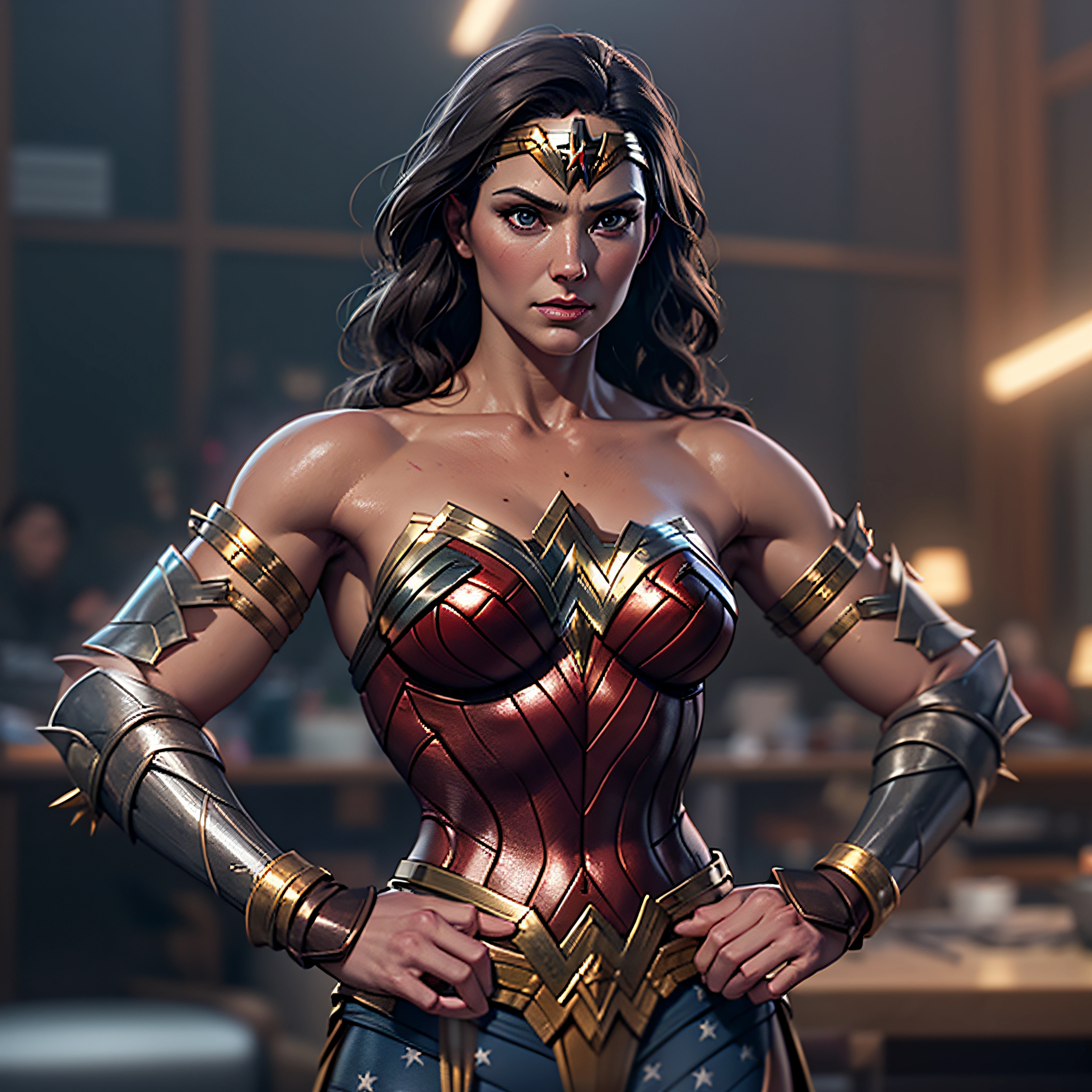 Wonder Woman, muscular athletic body. Arms crossed in front of her. Bullets ricocheting off her bracelets. photo-realistic, octane render, unreal engine, ultra-realistic