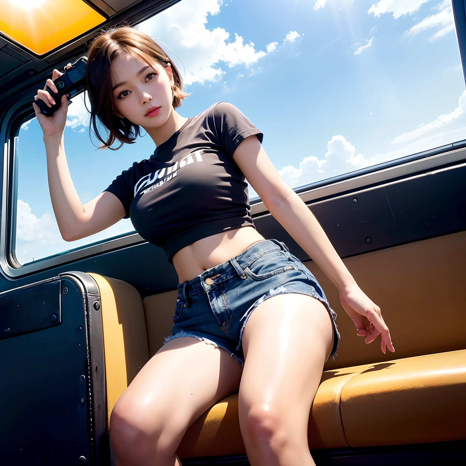 (shoot from below:1.5), Front angle, (from below :1.4), (crotch focus:1.2), (low angle:1.2), top-quality, ​masterpiece, high-detail,Photonic style,16k picture quality, perfect hand, beautiful a girl, red blush, short-hair, Light brown beautiful hair, plump big breasts, Constricted waist, White short sleeve T-shirt, Denim shorts, Navel Ejection, Sitting in a long seat by the window of a train, View here, Bright sunshine, suns,