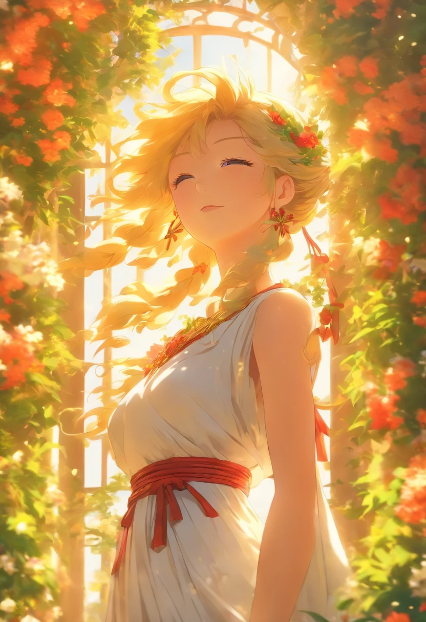 extremely detailed CG unit 8k wallpaper, best quality, master piece, an extremely delicate and beautiful), Greek garden, Woman, White clothes, Golden hair, sun rays, Green vines, red flowers, blue sky background, grand, majestic .