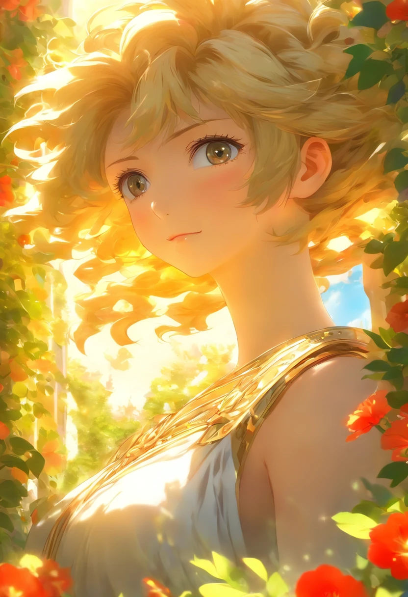 extremely detailed CG unit 8k wallpaper, best quality, master piece, an extremely delicate and beautiful), Greek garden, Woman, White clothes, Golden hair, sun rays, Green vines, red flowers, blue sky background, grand, majestic .