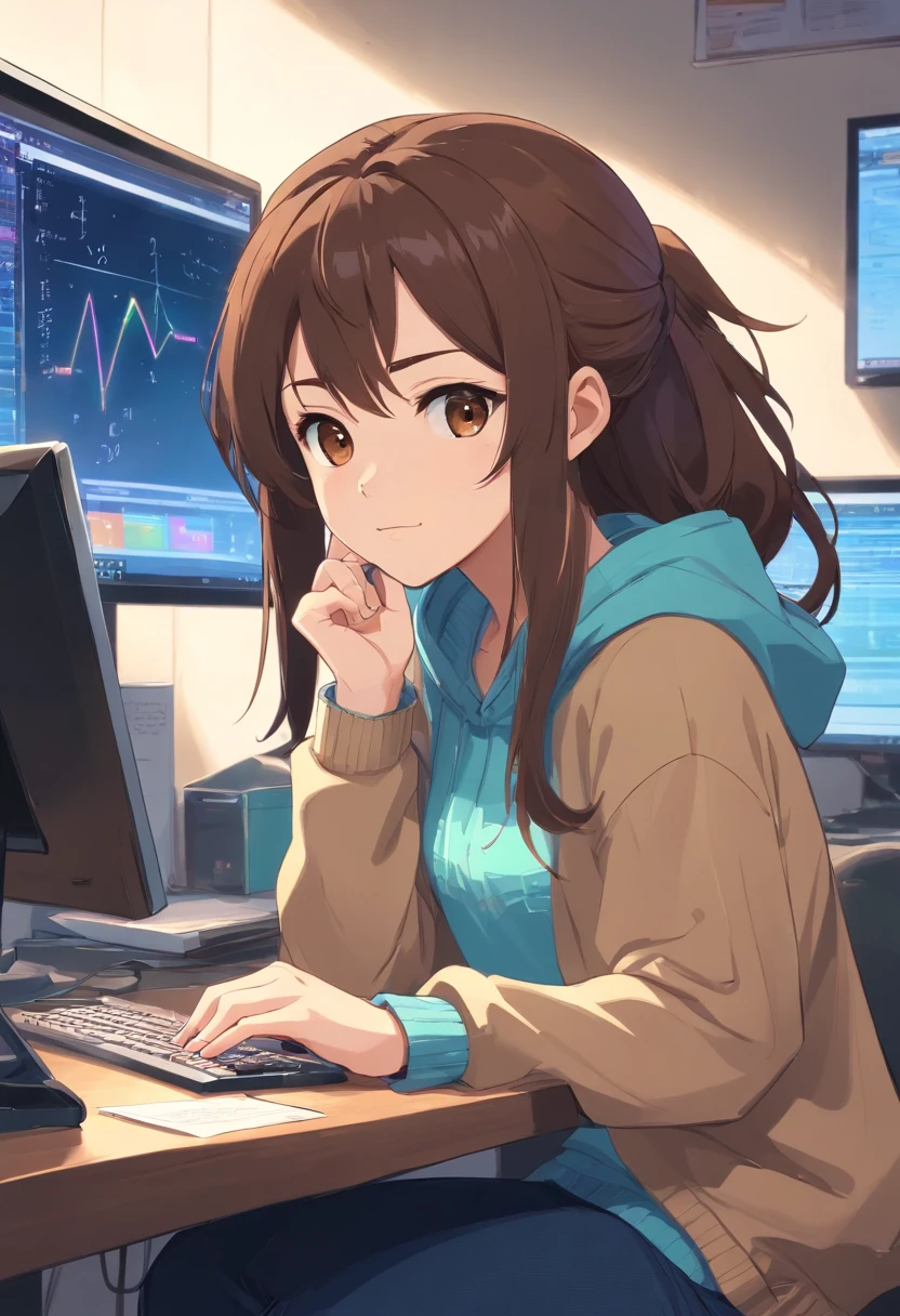 Best quality: 1.0), (Super High Resolution: 1.0), Anime girl, long brownhair, brown eyes, sitting in front of computer studying, background in light room, dressed in a blue sweater and black jeans, anime style, anime
