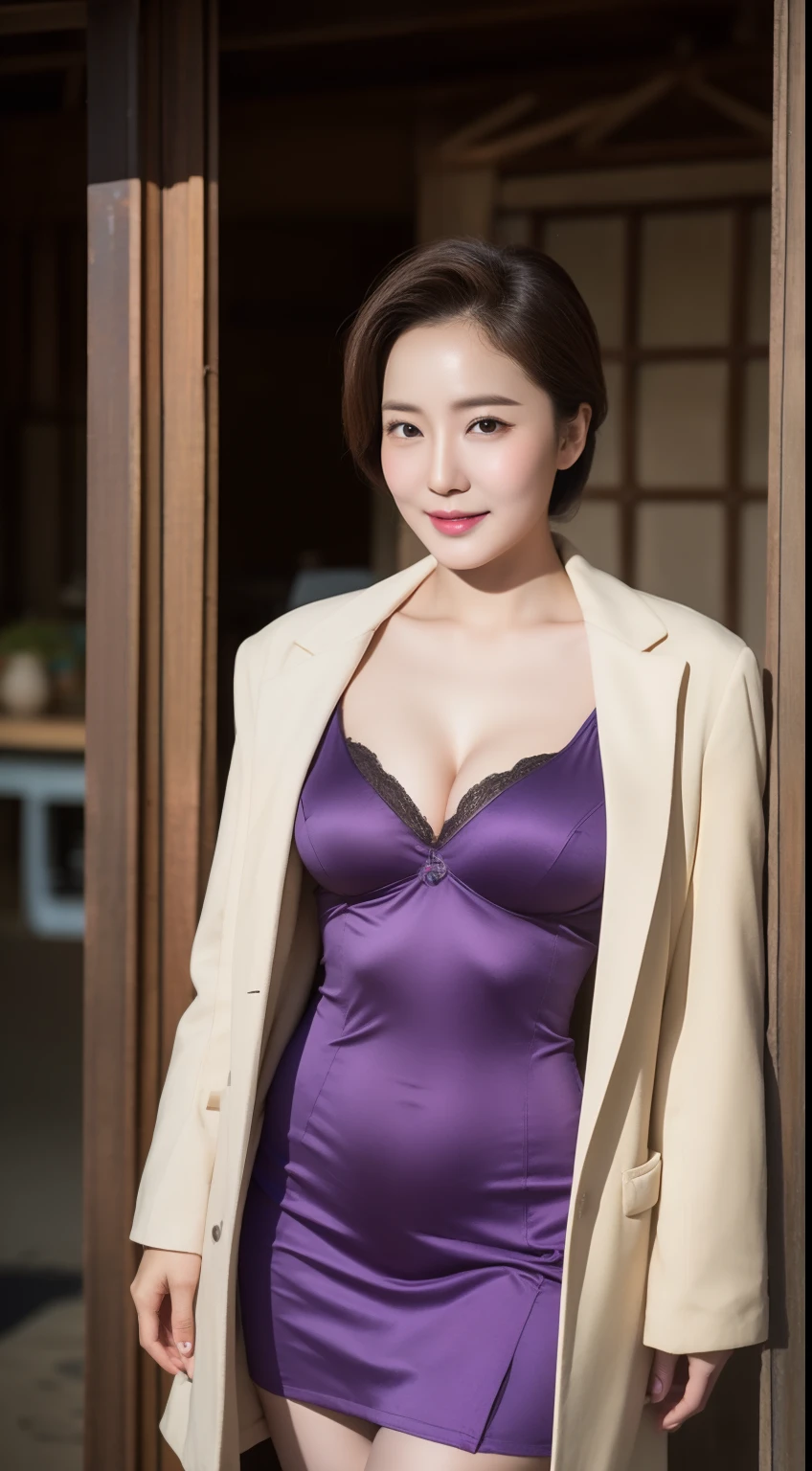 photograph of-realistic (1 Korean royal sister star) hair slicked back, White skin, thin makeup, 32 inch breast size, A slight smil, Wear a purple patterned camisole jacket, Stand in front of the hut, Full body portrait, hyper HD,Cocked buttocks,black lence stockings