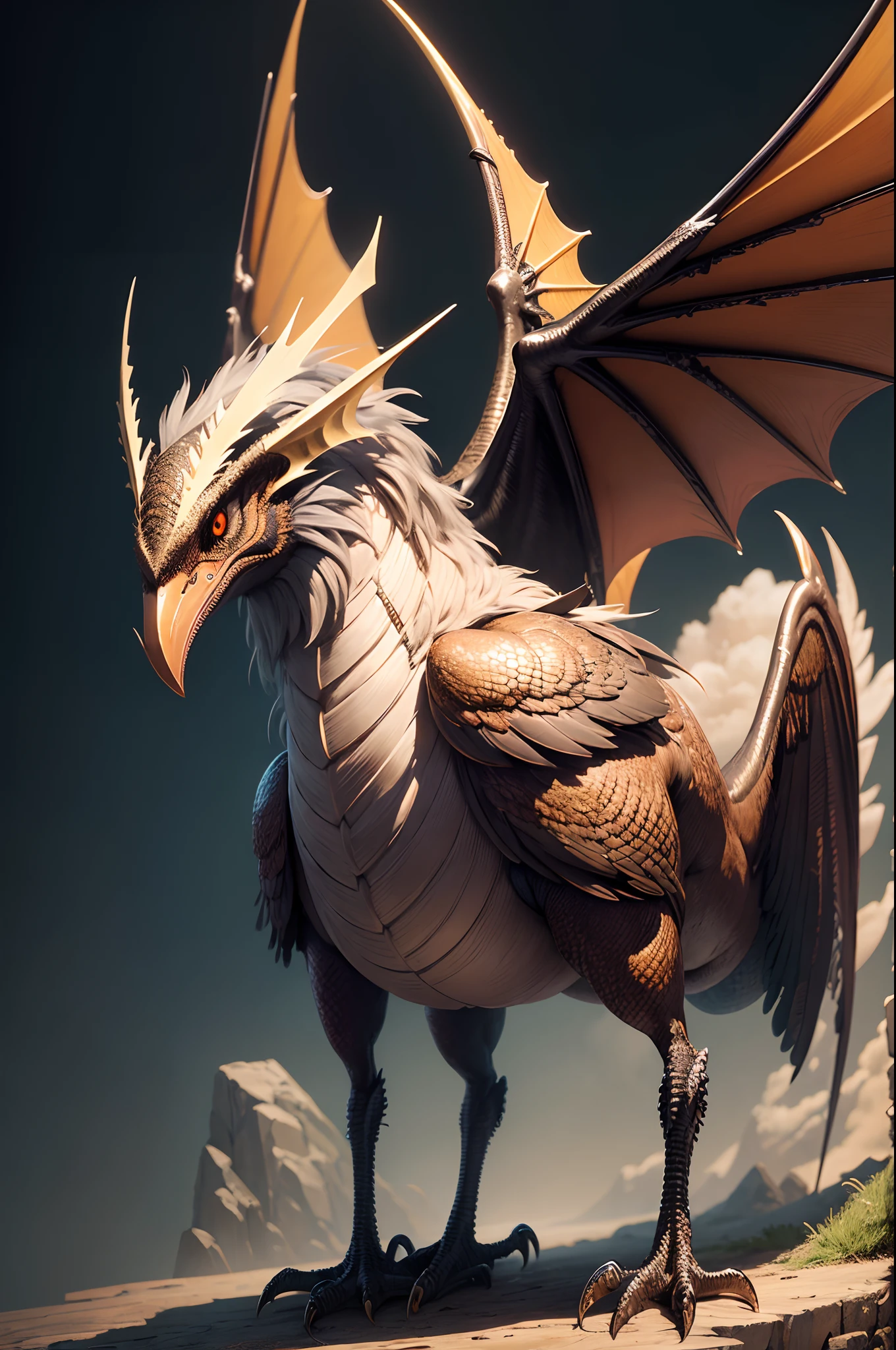 pintura de um galo com uma cauda longa e uma cauda grande,  metalic, mytical creature, A mythical creature, Dragoned, dragon bird art, metal pens, but like a bird dragon, artwork of a phoenix, criatura de fantasia, O Rei do Galo, com asas grandes, full body dragon concept, cockatrice