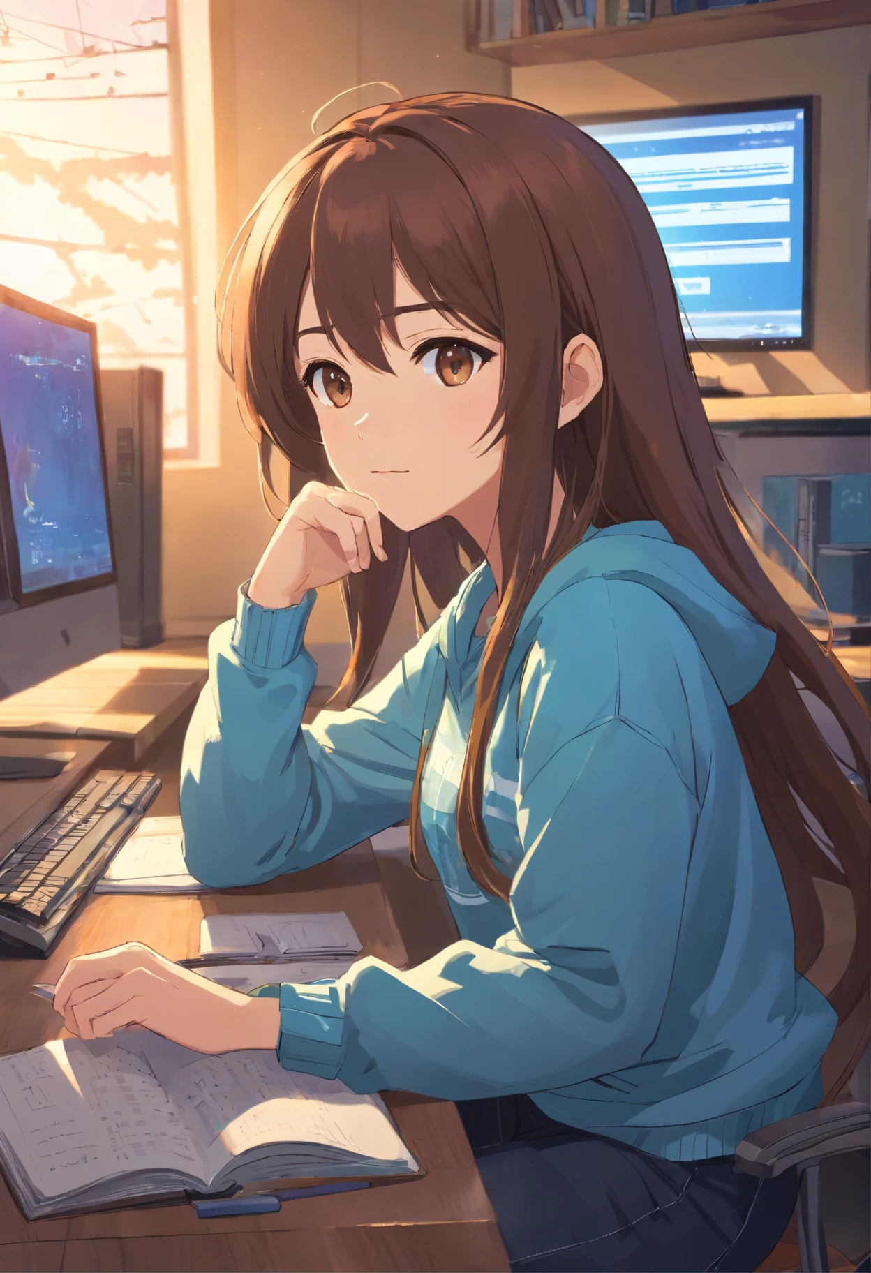 Best quality: 1.0), (Super High Resolution: 1.0), Anime girl, long brownhair, brown eyes, sitting in front of computer studying, background in light room, dressed in a blue sweater and black jeans, anime style, anime