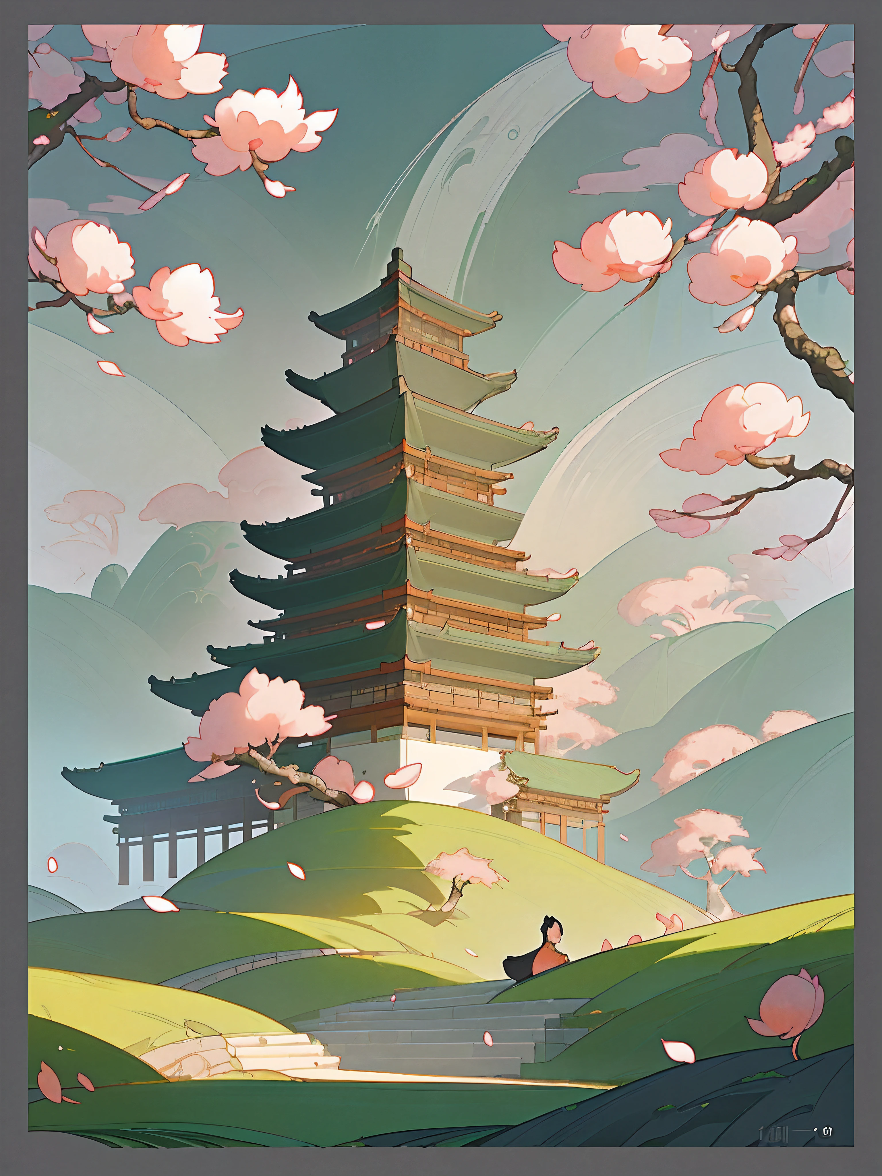 (Chinese landscape), (Zen, Amy Sol style), (spring, peach blossoms, petals, green grass, chinese ancient architecture), cover art with light abstraction, abstract, simple vector art, contemporary Chinese art, color gradients, soft color palettes, layered forms, whimsical animation, style Ethereal abstract, 4K, --v6