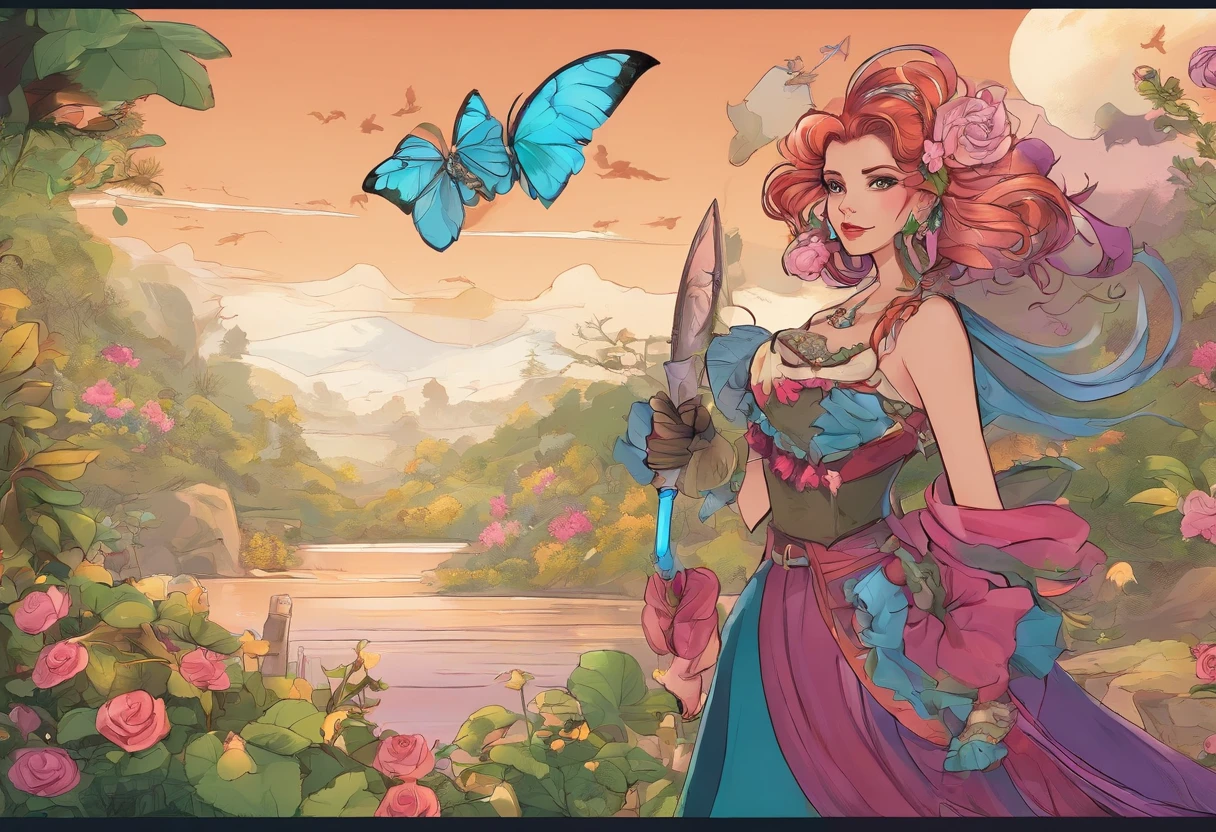 Blue Springs, Female, long punk style hair with a big bow, wearing off shoulder with puffy sleeves and cords shirt and a layered medium length skirt with fantasy-like shoes with snowflake gems, flower and ribbon earrings, tribal tattoos, holding a long spear, colors are Leaf Green and Fawn Brown, background is rose pink with clouds trees and roses, masterpiece, best quality