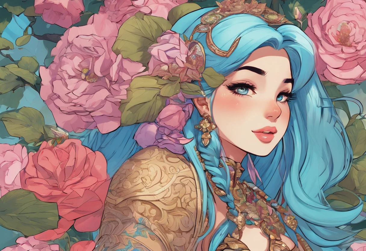 Blue Springs, Female, long punk style hair with a big bow, wearing off shoulder with puffy sleeves and cords shirt and a layered medium length skirt with fantasy-like shoes with snowflake gems, flower and ribbon earrings, tribal tattoos, holding a long spear, colors are Leaf Green and Fawn Brown, background is rose pink with clouds trees and roses, masterpiece, best quality