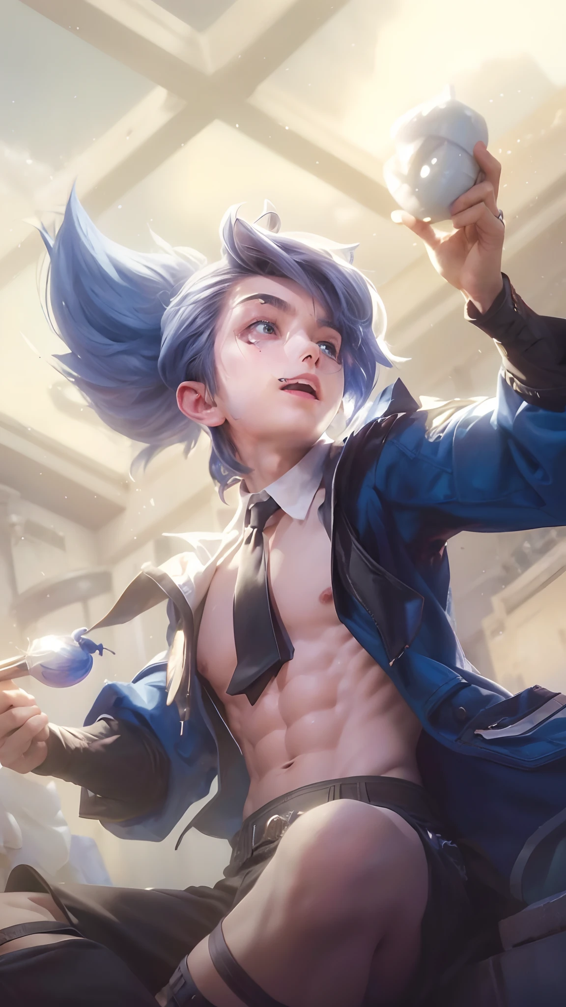 (max resolution: 1.2), (Ultra HDTV: 1.2), 8K resolution, Eye and skin details, face details, , (Sharp focus: 1.2), (Precise focus) sharp face: 1.2), (((Boy))), Sitting, Long hair, White hair, Shirtless, Exposed pecs, Six pack abs, black briefs, wear a tie