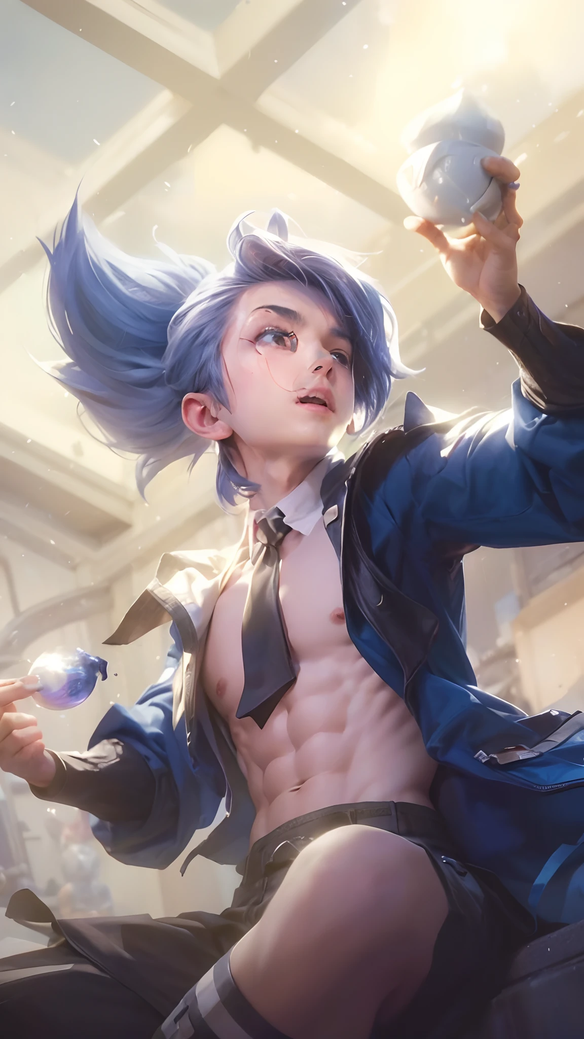 (max resolution: 1.2), (Ultra HDTV: 1.2), 8K resolution, Eye and skin details, face details, , (Sharp focus: 1.2), (Precise focus) sharp face: 1.2), (((Boy))), Sitting, Long hair, White hair, Shirtless, Exposed pecs, Six pack abs, black briefs, wear a tie