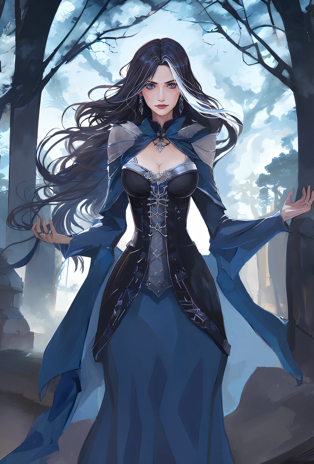 Absurd resolution, hight resolution, reflection, refraction:1.4 ultra-detailed:1.0 (illustartion, Line drawing), tmasterpiece, aristocrat in a blue dress with a corset, blue eyes, European appearance, Englishwoman, black hair with a white strand, Sorceress, 30 years, A disgruntled stern look