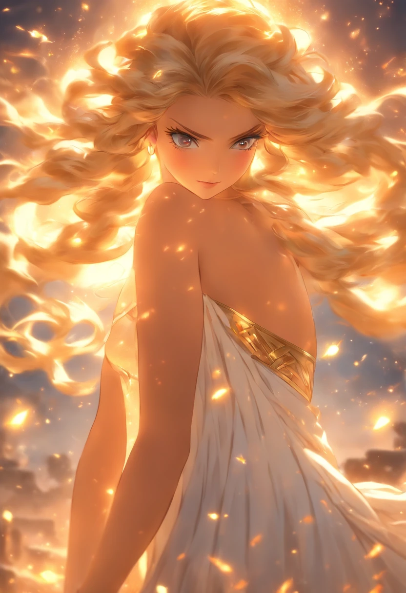 Greek goddess, blonde woman, long golden hair, full body, looking forward, eyes, face forward, white dress, Greece, realistic, best quality, 8k --auto --s2