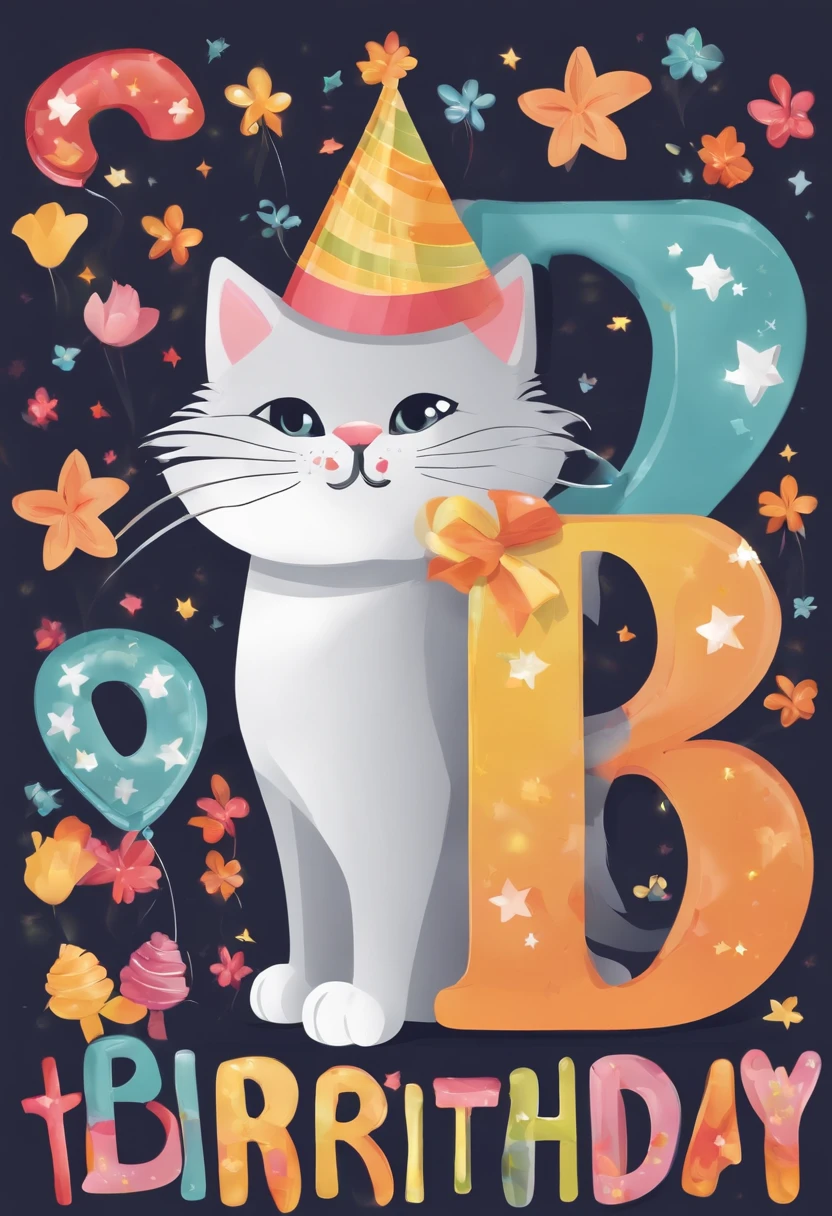 Design a Happy Birthday picture with cat letters. Please have a cute cat represent each letter and keep the color palette bright and cheerful. There should be a feeling of happiness and celebration throughout the composition. I expect a fun design that attracts attention with its details.