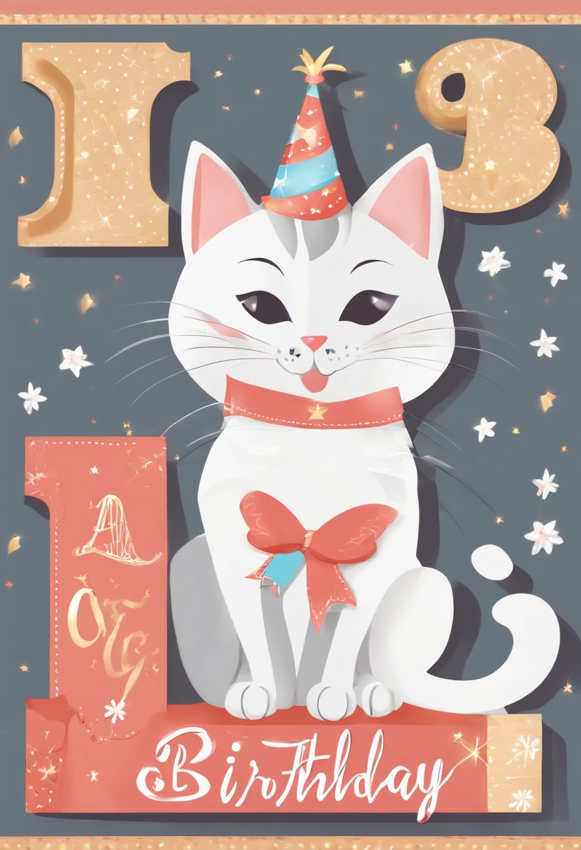 Design a Happy Birthday picture with cat letters. Please have a cute cat represent each letter and keep the color palette bright and cheerful. There should be a feeling of happiness and celebration throughout the composition. I expect a fun design that attracts attention with its details.