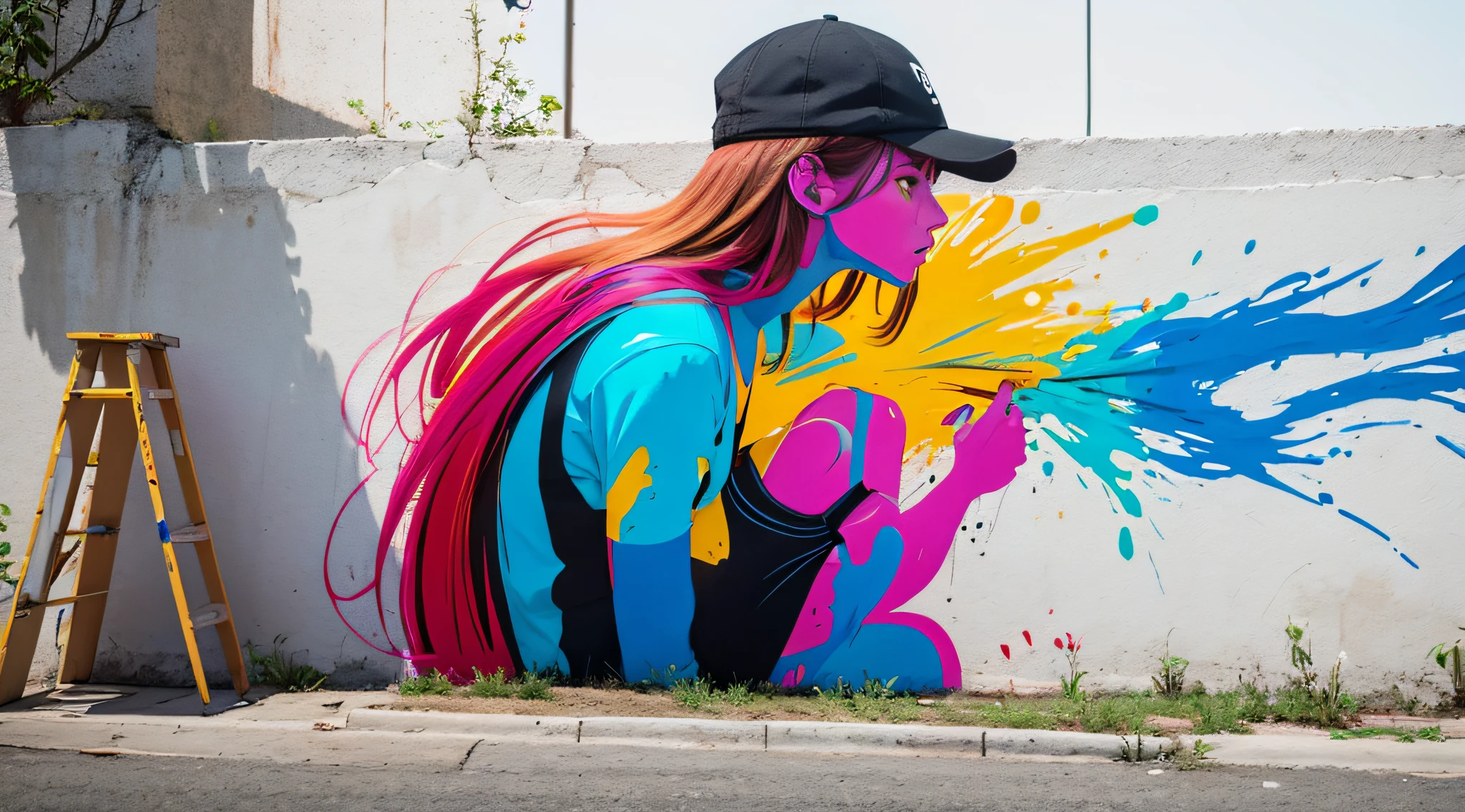 1 woman, painting, wall graffity, colorful