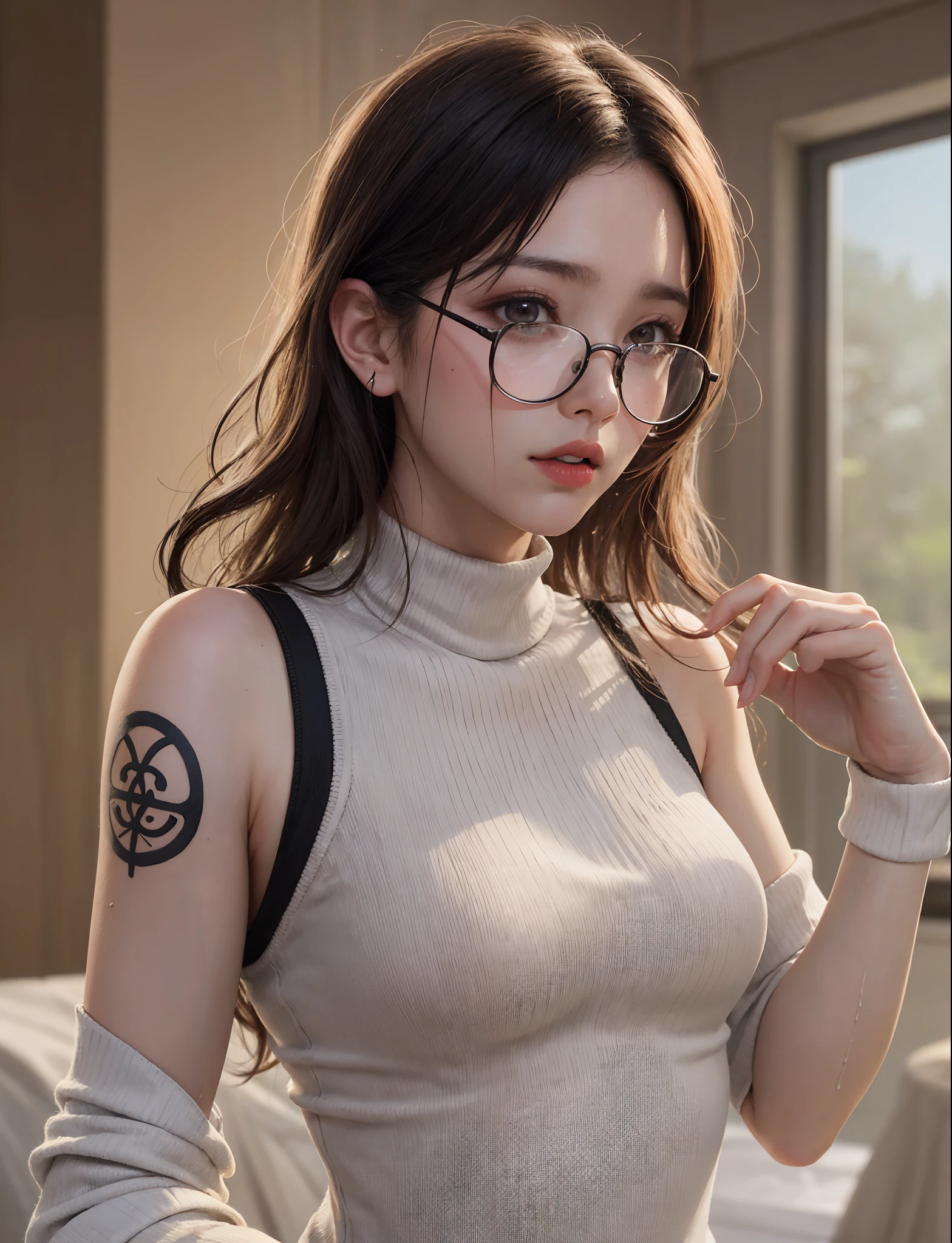 (masuter piece、Best Quality、top-quality、Top image quality、Masterpiece)、one girls,circle-glasses，tattooed， One Piece Turtleneck White Sleeveless Sweater, long white cotton socks, lips slightly open, Red face, Wet hair，Sweat all over the body，sit on a bed, crisp breasts, Convex buttocks, Grab your chest with both hands，Detailed background, Clothing Details, Perfectly proportioned, Multiple perspectives，film grains, Fuji colors, lightand shade contrast, tmasterpiece, high detal, high quarity, hight resolution, Cinematic lighting, 8K, Textured skin, Super Detail