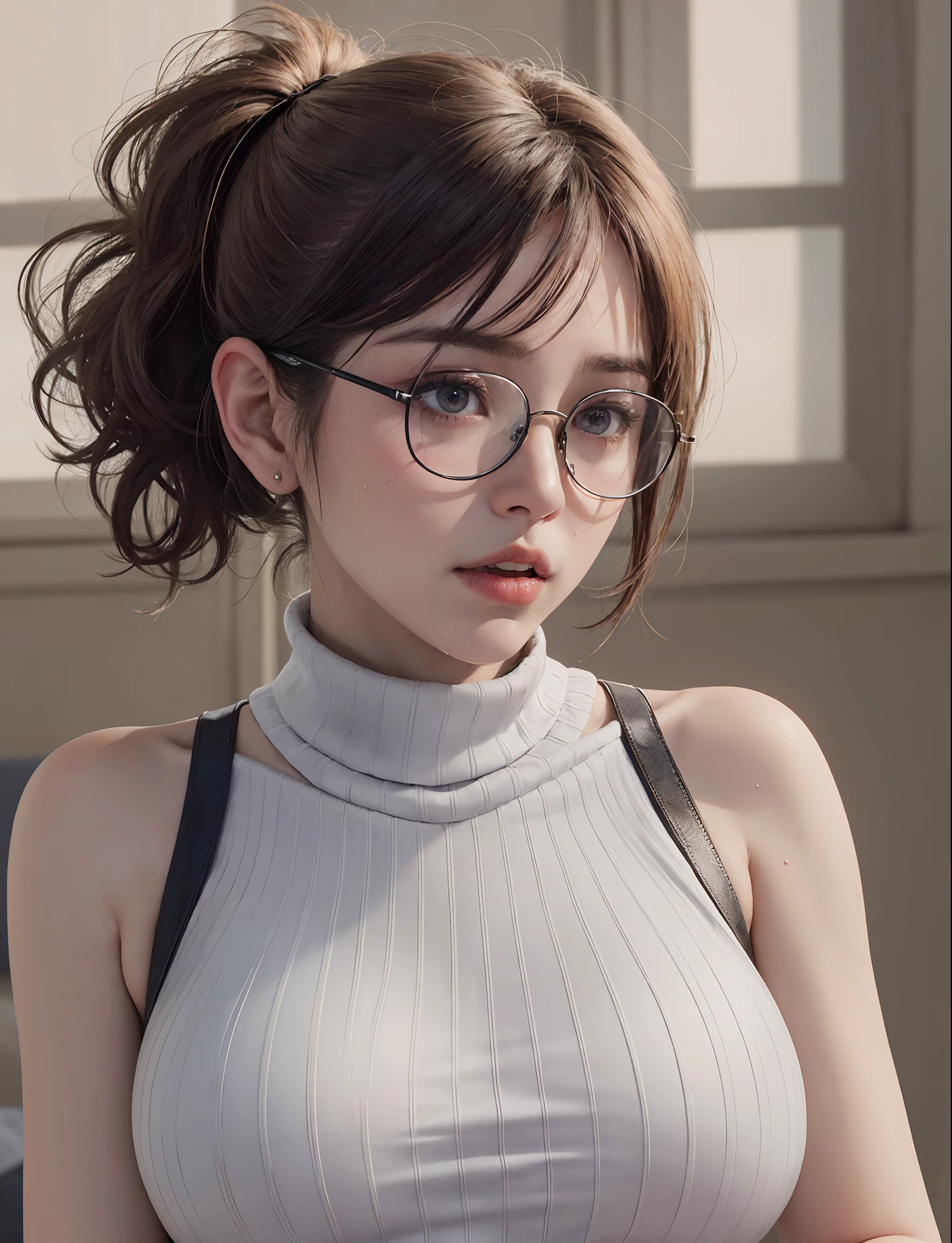 (masuter piece、Best Quality、top-quality、Top image quality、Masterpiece)、one girls,circle-glasses，tattooed， One Piece Turtleneck White Sleeveless Sweater, long white cotton socks, lips slightly open, Red face, Wet hair，Sweat all over the body，sit on a bed, crisp breasts, Convex buttocks, Grab your chest with both hands，Detailed background, Clothing Details, Perfectly proportioned, Multiple perspectives，film grains, Fuji colors, lightand shade contrast, tmasterpiece, high detal, high quarity, hight resolution, Cinematic lighting, 8K, Textured skin, Super Detail